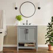Vega 30" Bathroom Vanity with Sink, Storage Cabinet with Soft Close Doors & Open Shelf, Carrara Marble Finish Counter & Black Hardware, Gray/White
