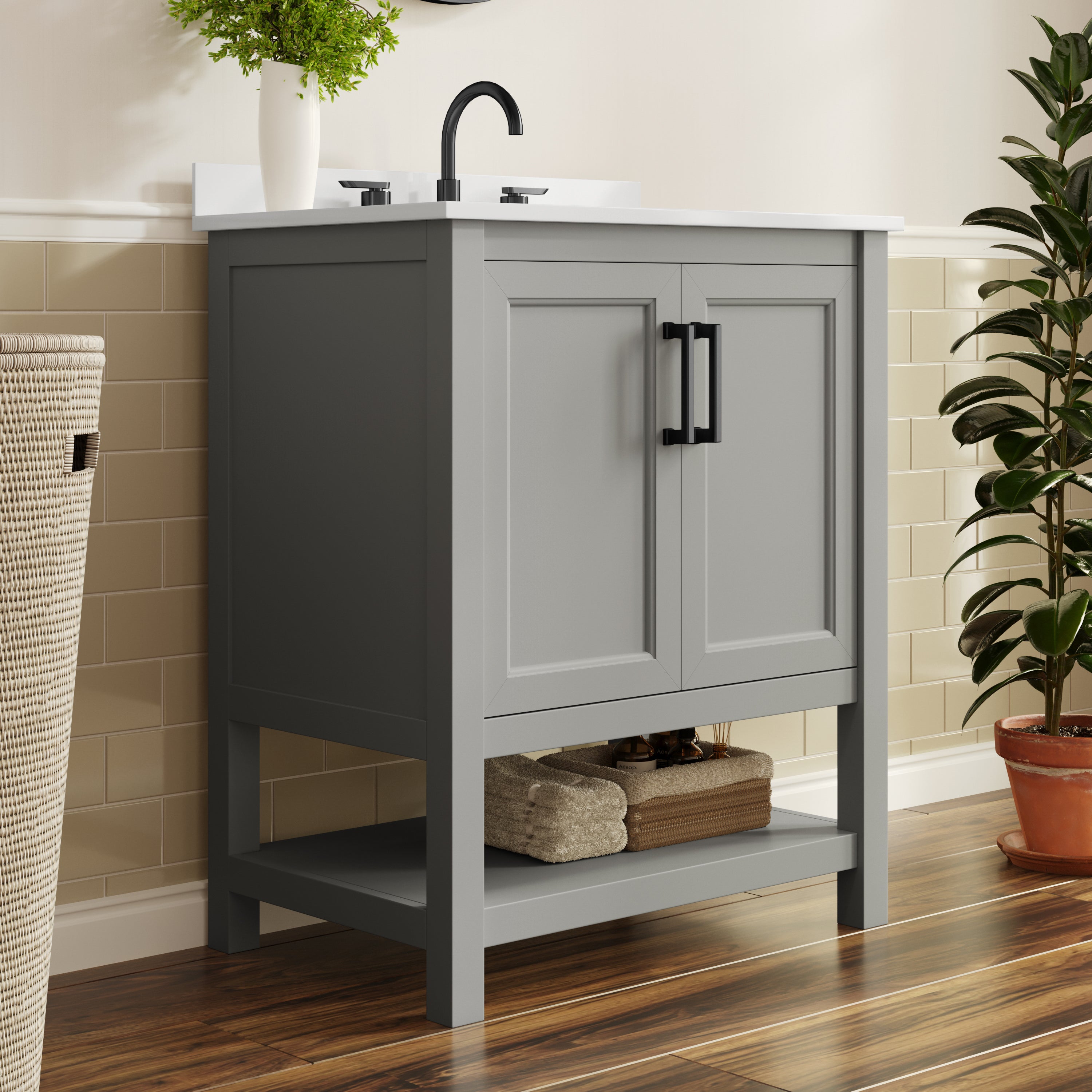 Vega 30" Bathroom Vanity with Sink, Storage Cabinet with Soft Close Doors & Open Shelf, Carrara Marble Finish Counter & Black Hardware, Gray/White
