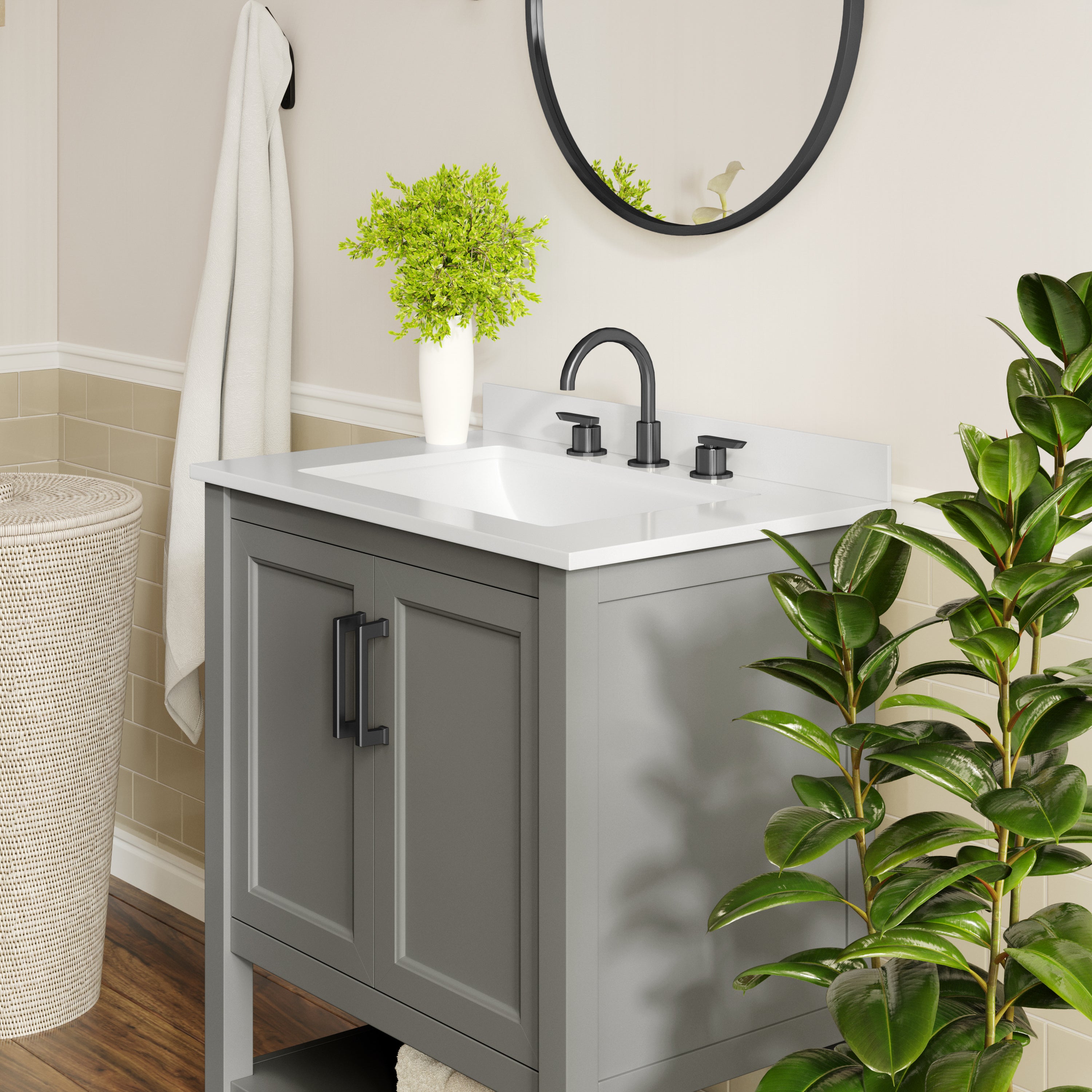 Vega 30" Bathroom Vanity with Sink, Storage Cabinet with Soft Close Doors & Open Shelf, Carrara Marble Finish Counter & Black Hardware, Gray/White