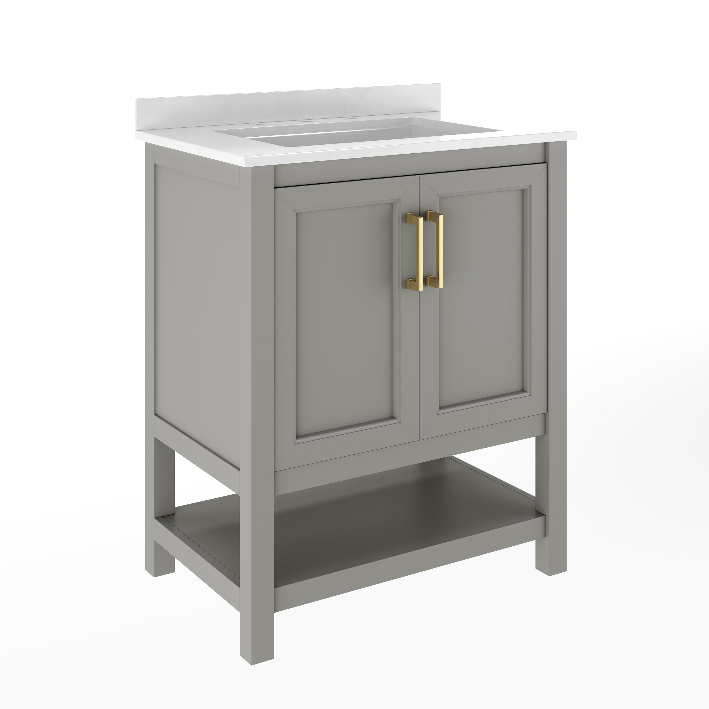 Vega 30" Bathroom Vanity with Sink, Storage Cabinet with Soft Close Doors & Open Shelf, Carrara Marble Finish Counter & Gold Hardware, Gray/White
