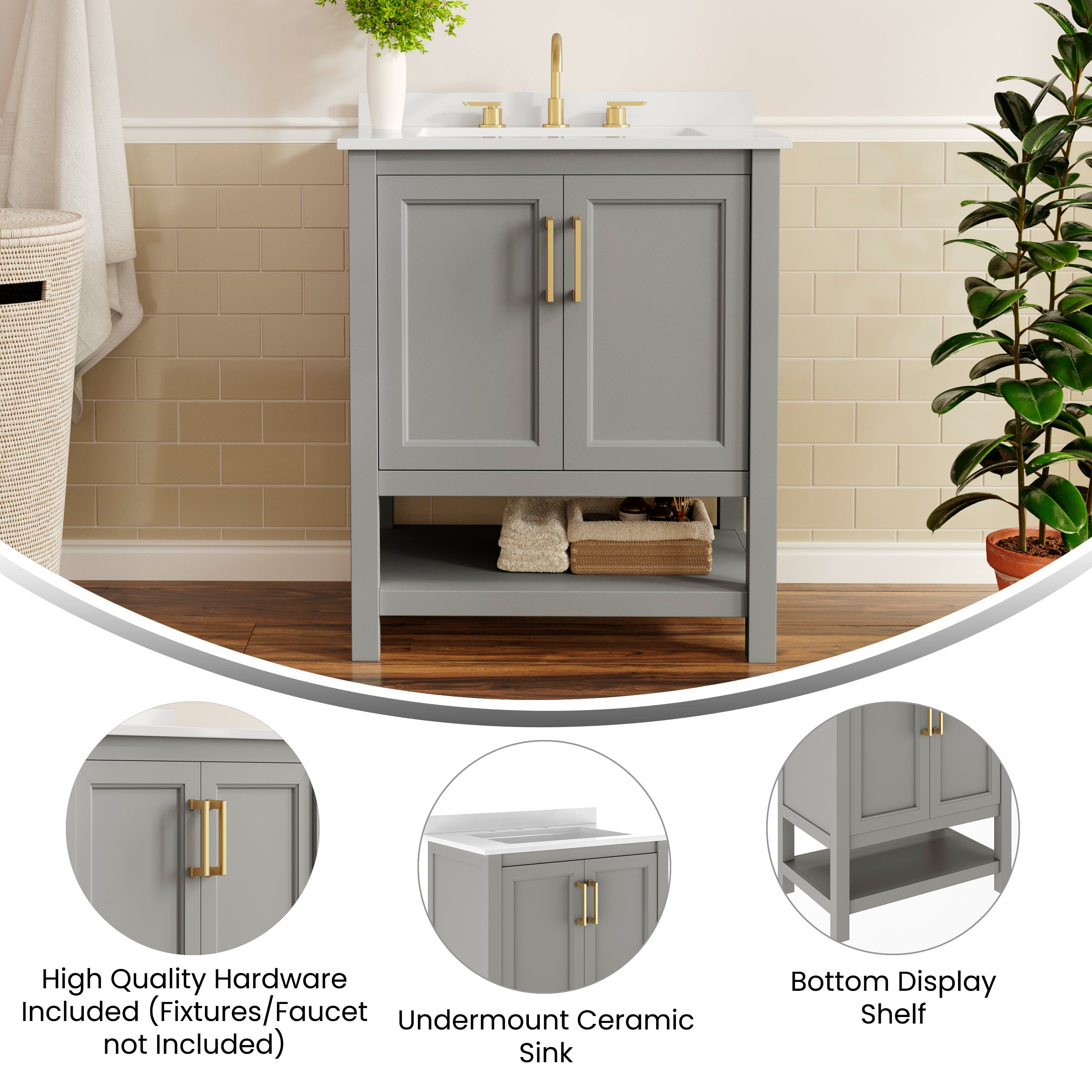 Vega 30" Bathroom Vanity with Sink, Storage Cabinet with Soft Close Doors & Open Shelf, Carrara Marble Finish Counter & Gold Hardware, Gray/White