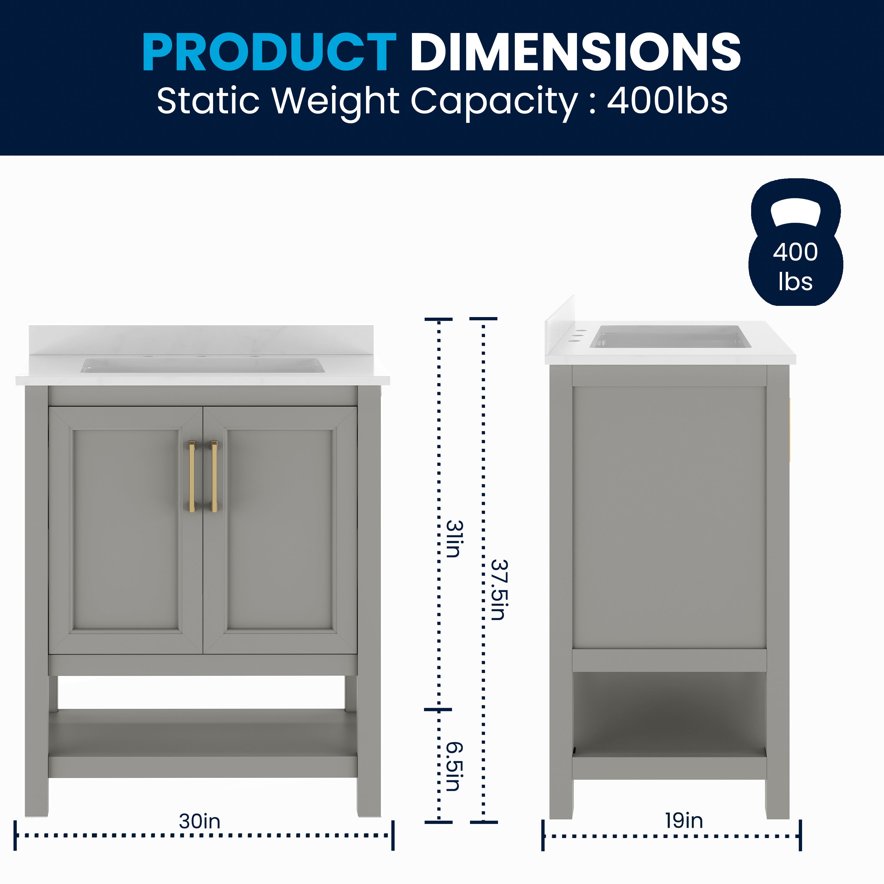 Vega 30" Bathroom Vanity with Sink, Storage Cabinet with Soft Close Doors & Open Shelf, Carrara Marble Finish Counter & Gold Hardware, Gray/White