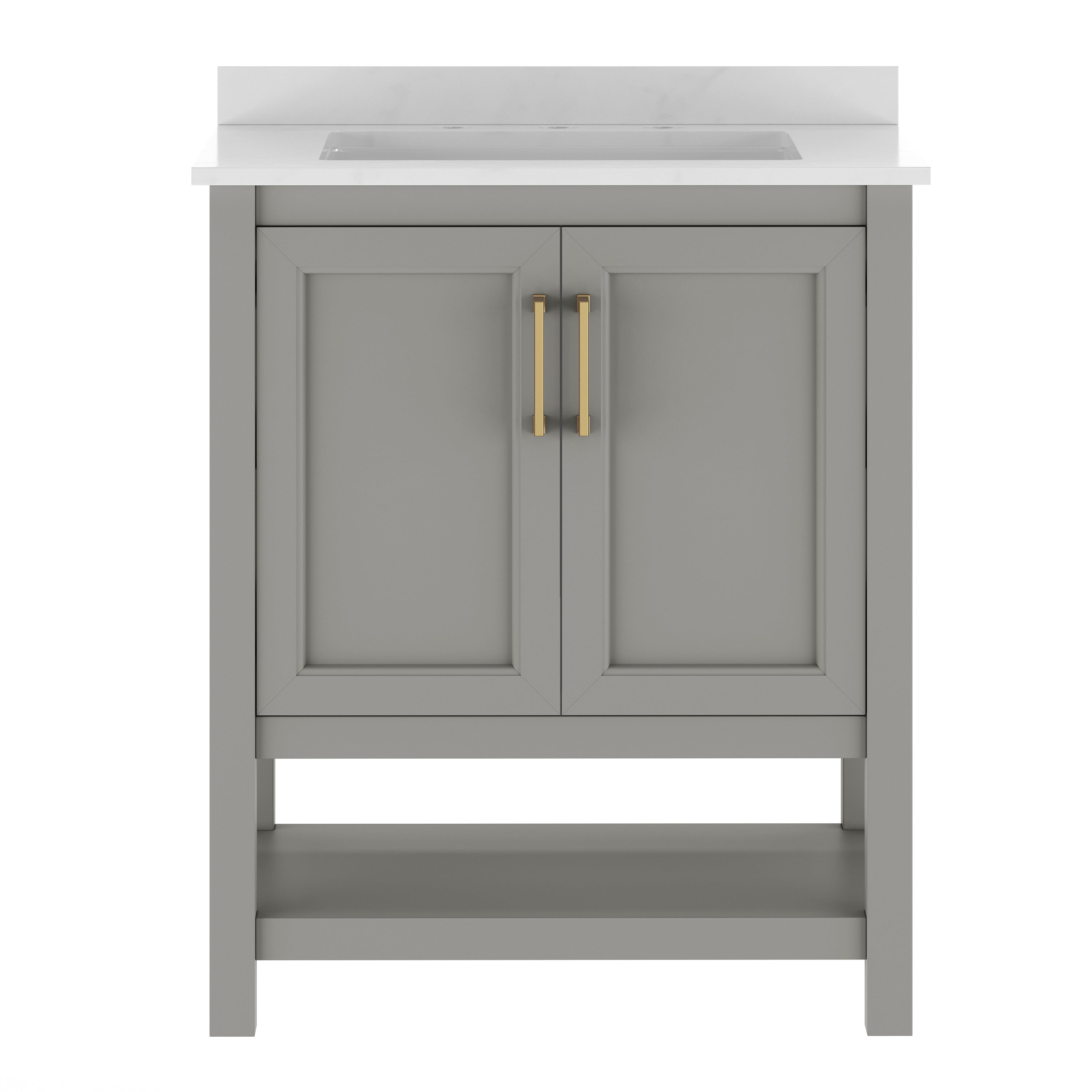 Vega 30" Bathroom Vanity with Sink, Storage Cabinet with Soft Close Doors & Open Shelf, Carrara Marble Finish Counter & Gold Hardware, Gray/White