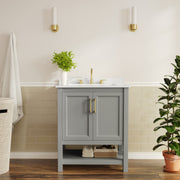 Vega 30" Bathroom Vanity with Sink, Storage Cabinet with Soft Close Doors & Open Shelf, Carrara Marble Finish Counter & Gold Hardware, Gray/White