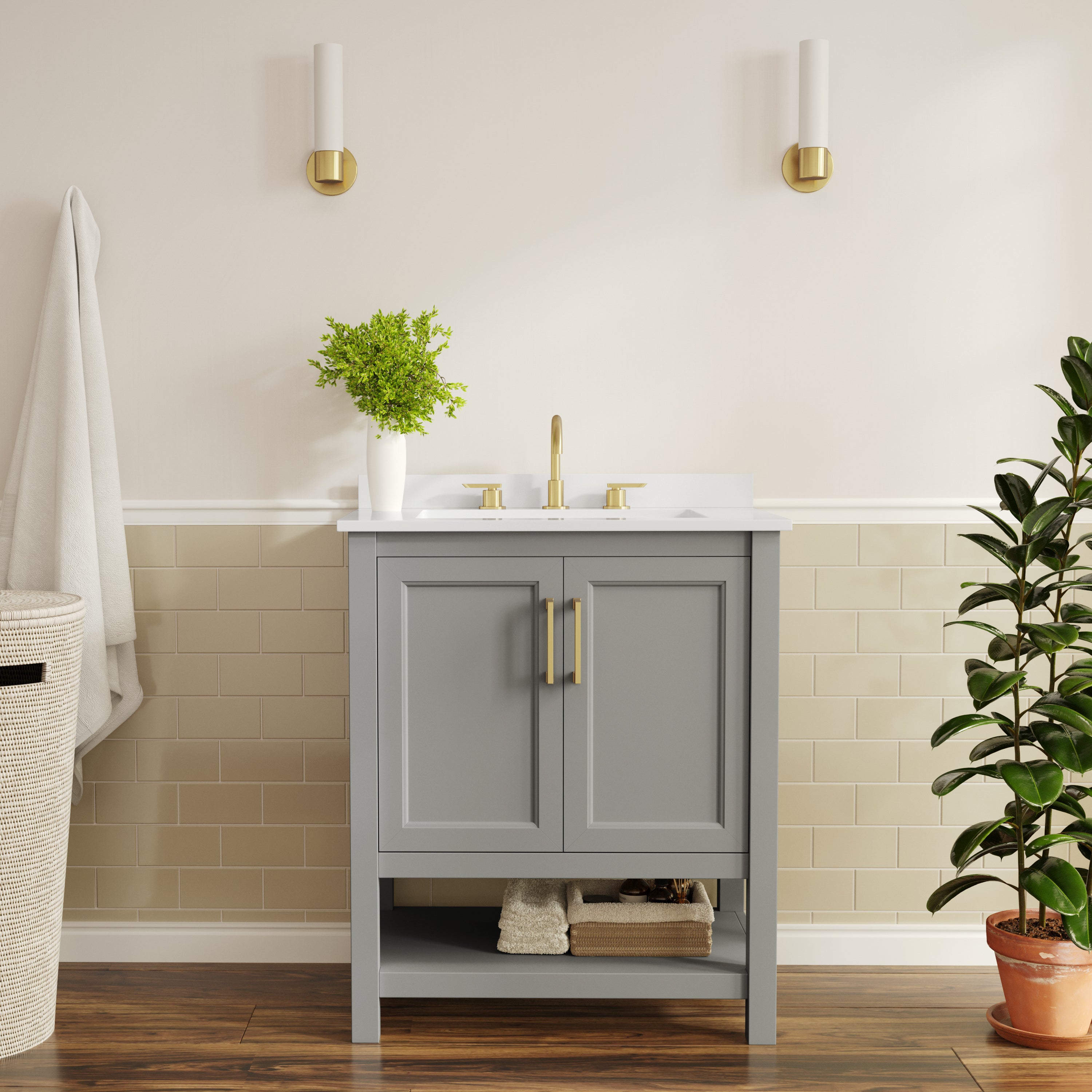 Vega 30" Bathroom Vanity with Sink, Storage Cabinet with Soft Close Doors & Open Shelf, Carrara Marble Finish Counter & Gold Hardware, Gray/White
