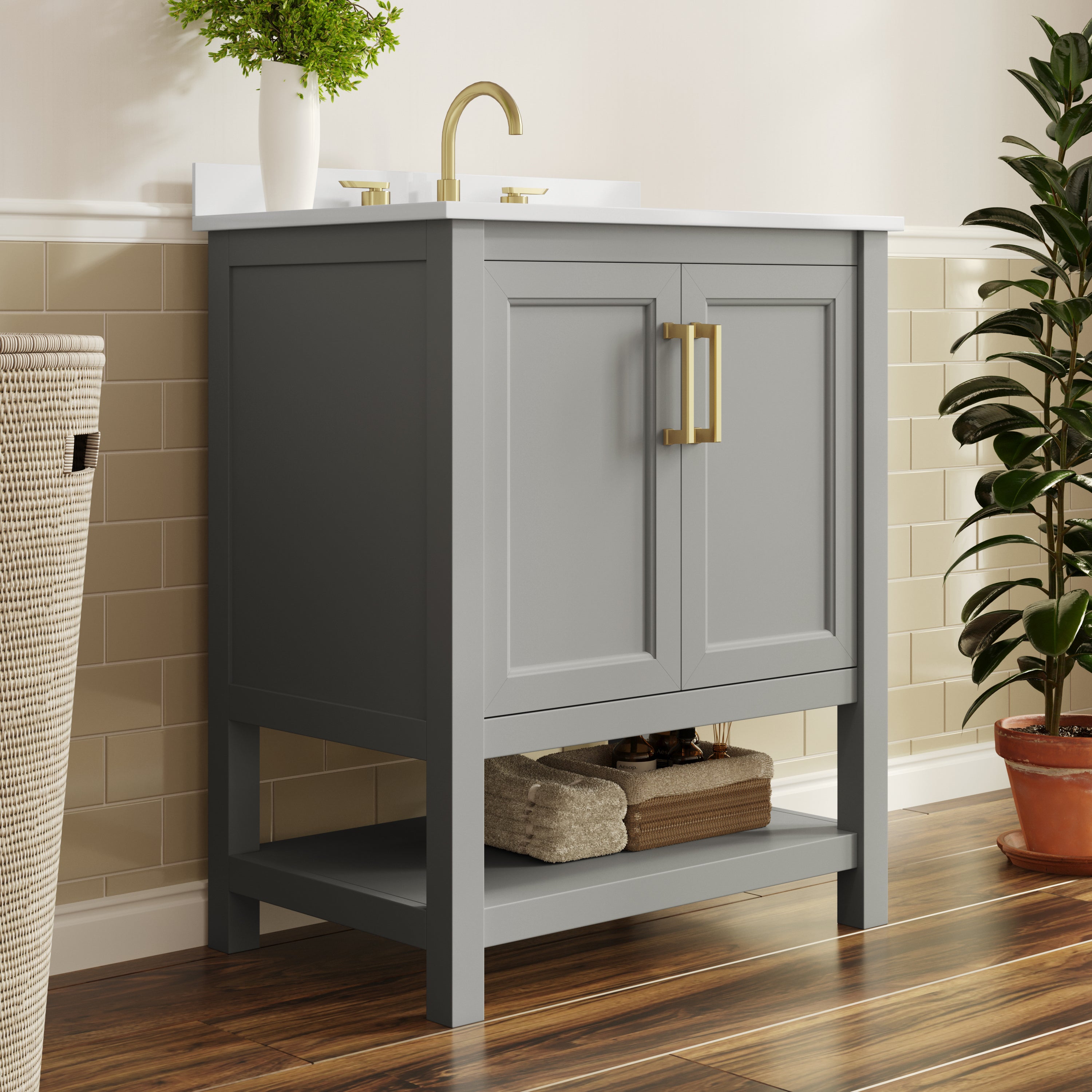 Vega 30" Bathroom Vanity with Sink, Storage Cabinet with Soft Close Doors & Open Shelf, Carrara Marble Finish Counter & Gold Hardware, Gray/White