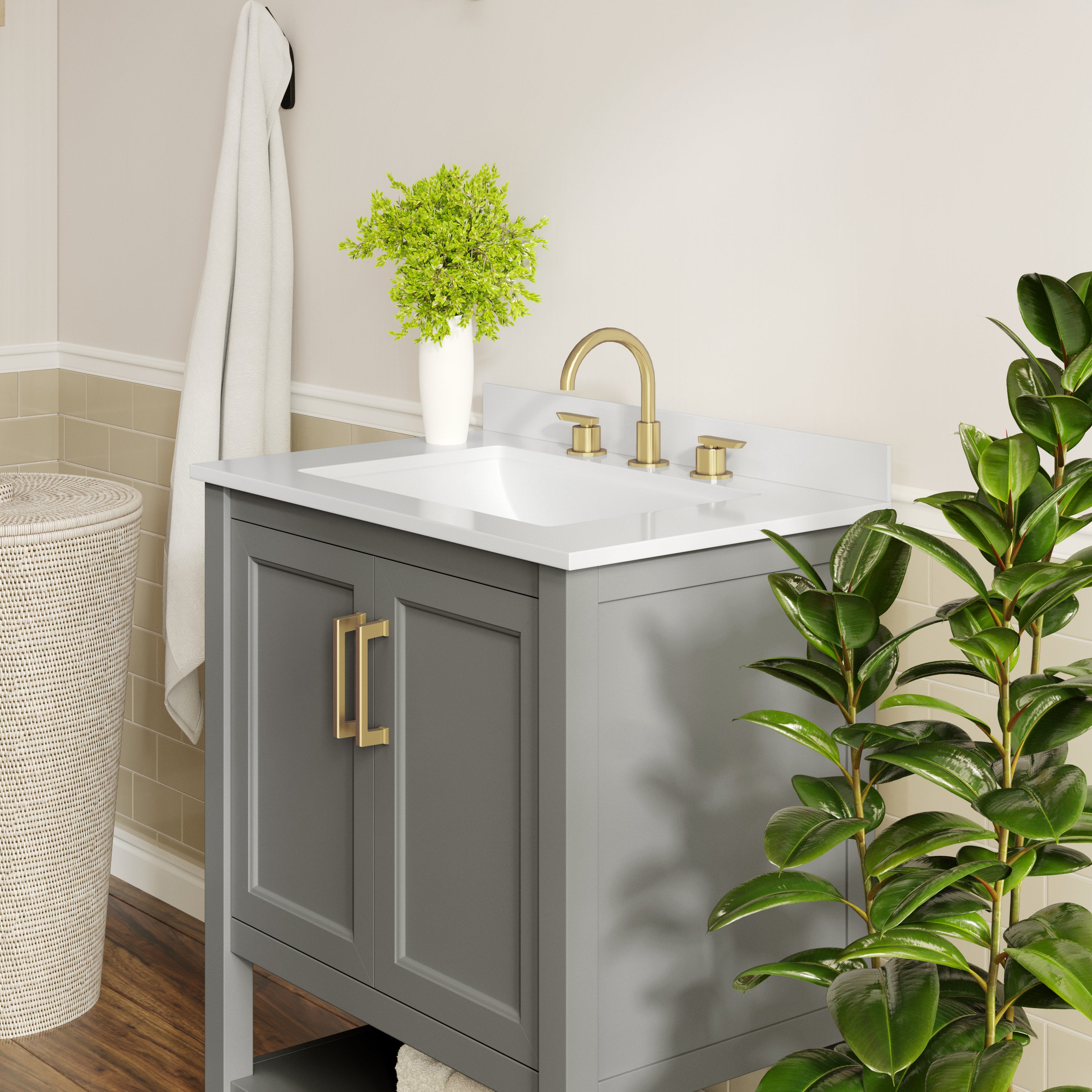 Vega 30" Bathroom Vanity with Sink, Storage Cabinet with Soft Close Doors & Open Shelf, Carrara Marble Finish Counter & Gold Hardware, Gray/White