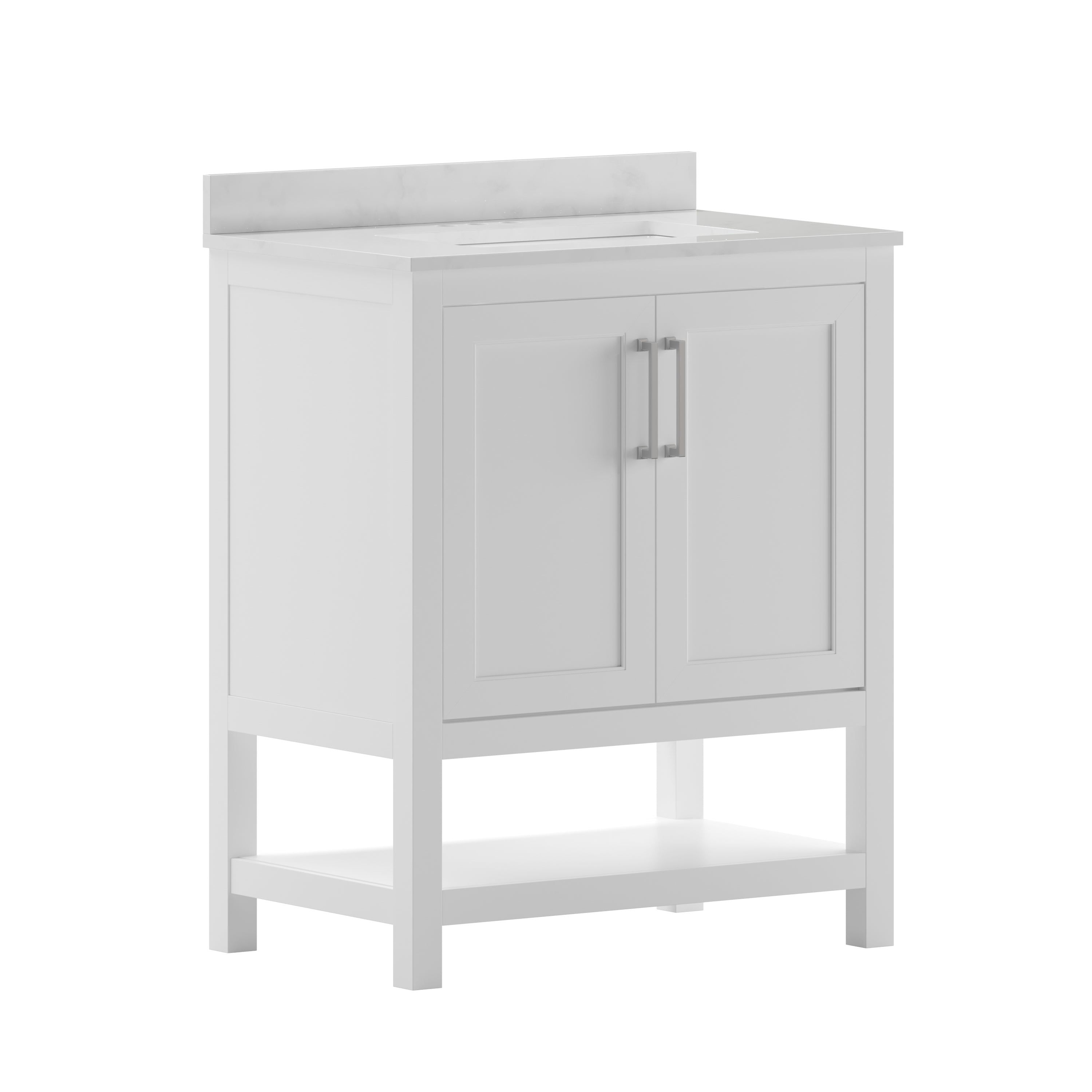 Vega 30 Inch Bathroom Vanity with Sink Combo, Storage Cabinet with Soft Close Doors and Open Shelf, Carrara Marble Finish Countertop, White/White