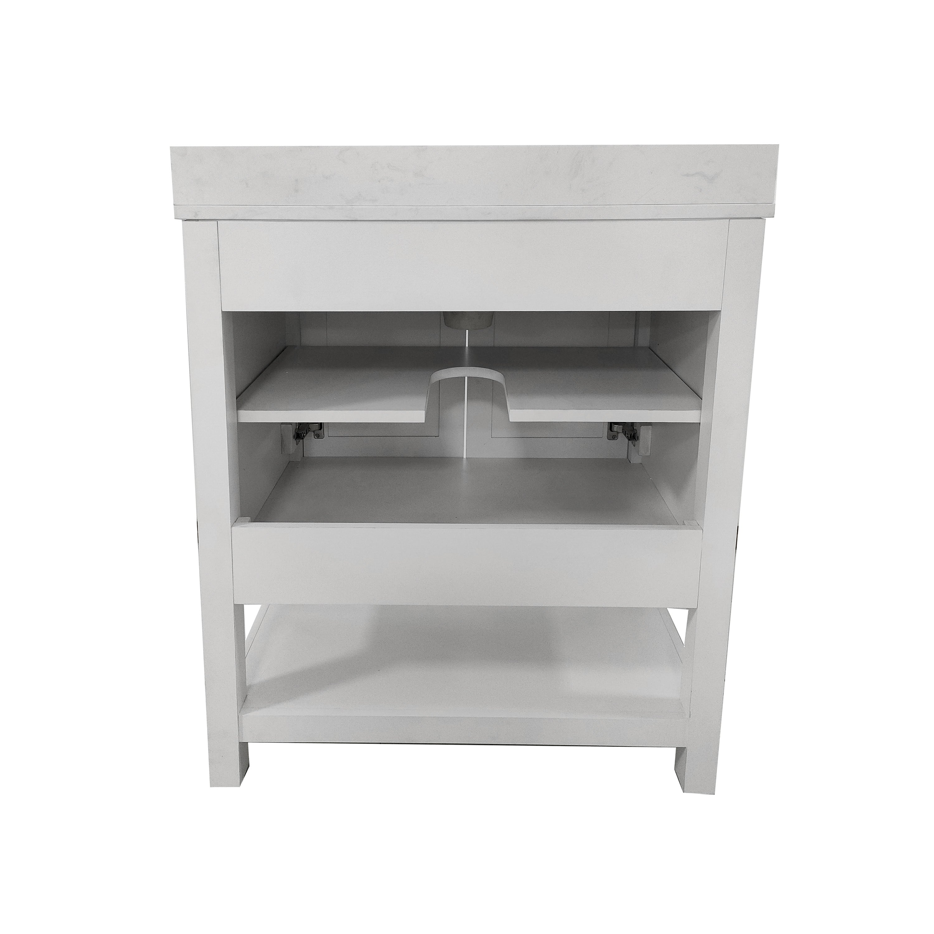 Vega 30 Inch Bathroom Vanity with Sink Combo, Storage Cabinet with Soft Close Doors and Open Shelf, Carrara Marble Finish Countertop, White/White