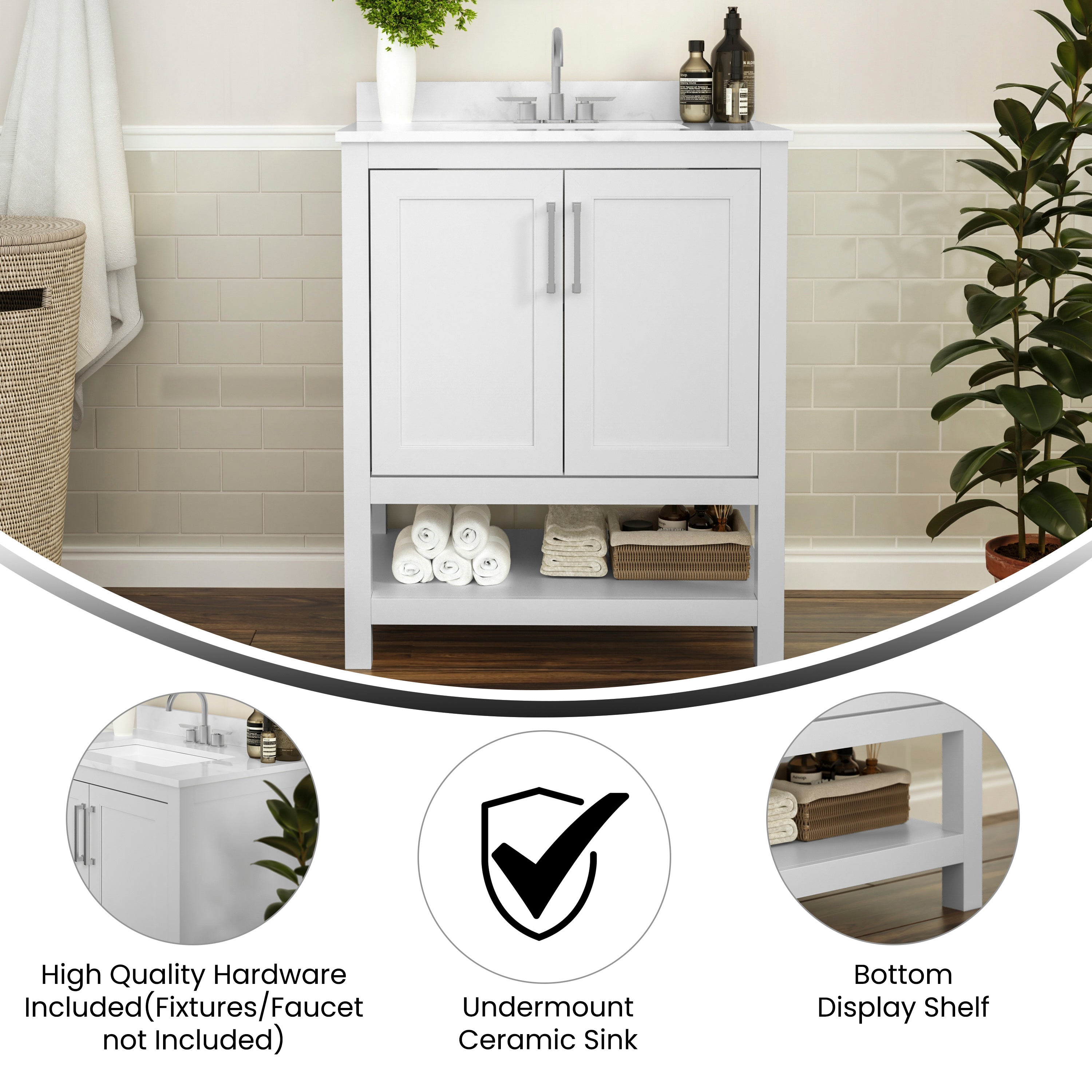 Vega 30 Inch Bathroom Vanity with Sink Combo, Storage Cabinet with Soft Close Doors and Open Shelf, Carrara Marble Finish Countertop, White/White