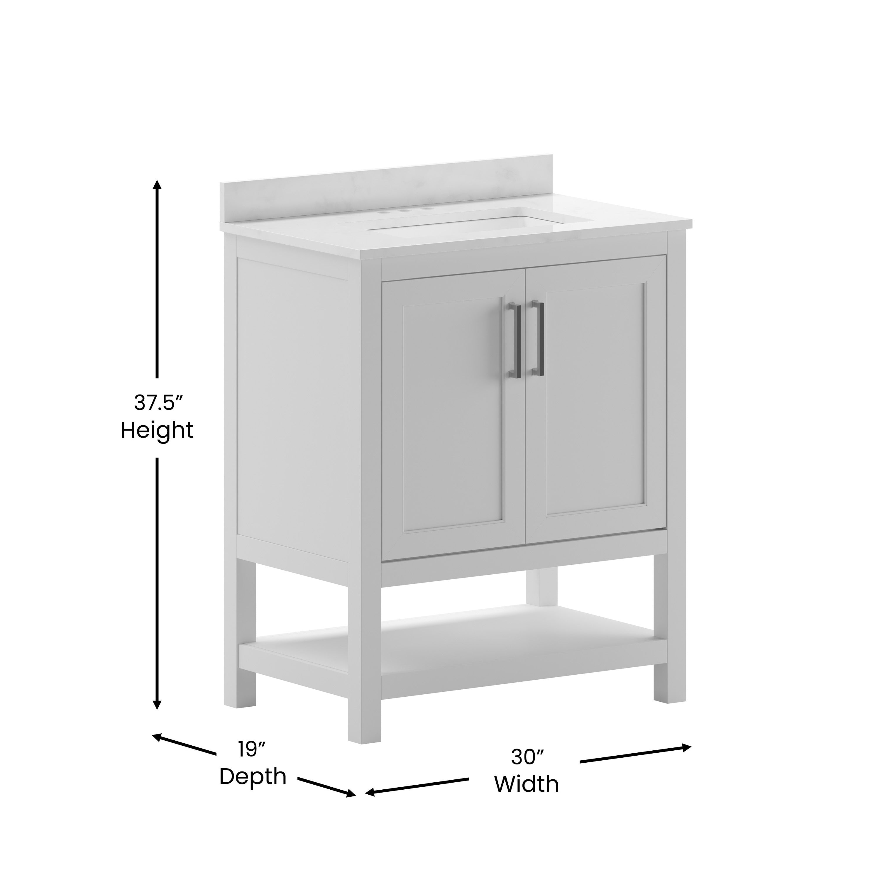 Vega 30 Inch Bathroom Vanity with Sink Combo, Storage Cabinet with Soft Close Doors and Open Shelf, Carrara Marble Finish Countertop, White/White