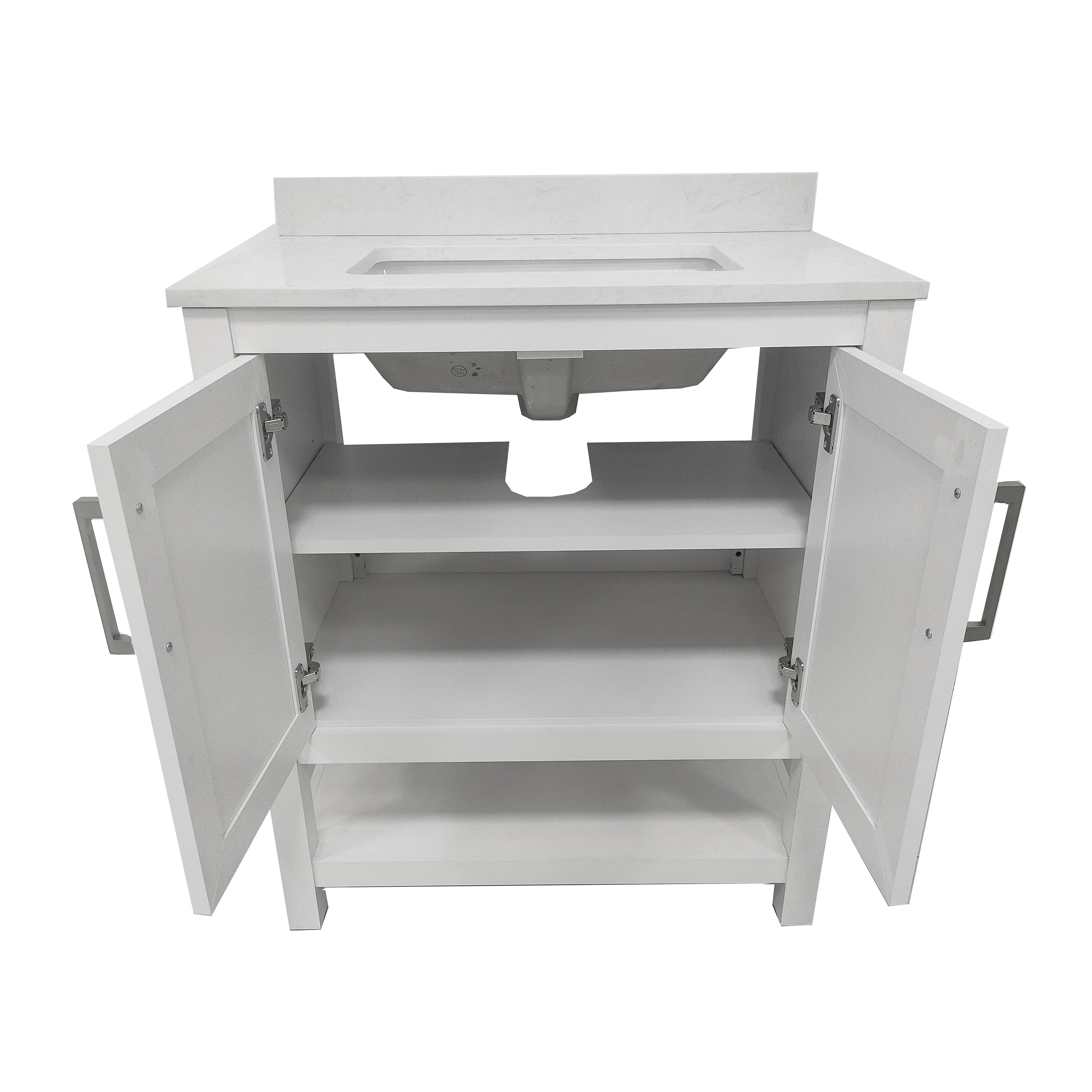 Vega 30 Inch Bathroom Vanity with Sink Combo, Storage Cabinet with Soft Close Doors and Open Shelf, Carrara Marble Finish Countertop, White/White