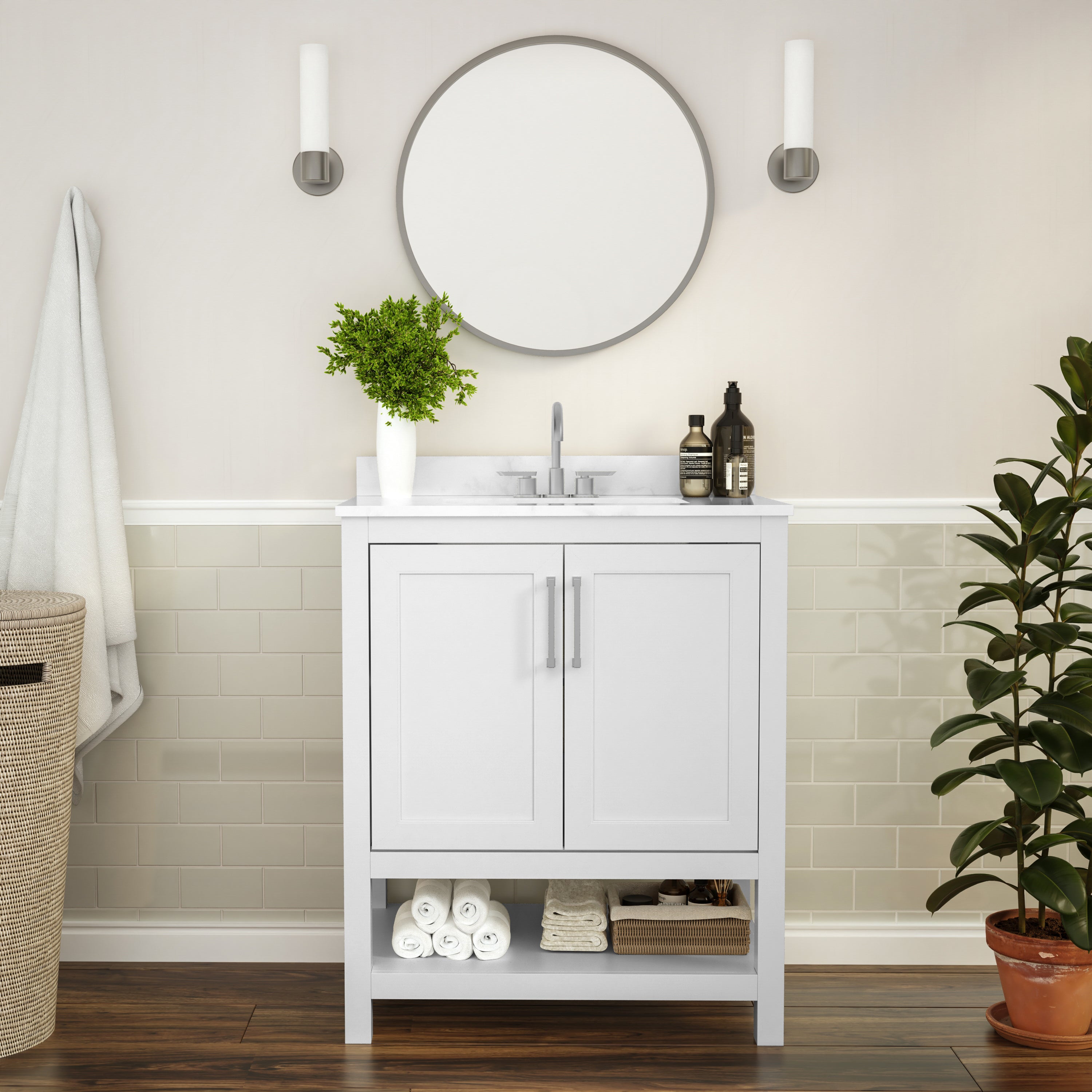 Vega 30 Inch Bathroom Vanity with Sink Combo, Storage Cabinet with Soft Close Doors and Open Shelf, Carrara Marble Finish Countertop, White/White