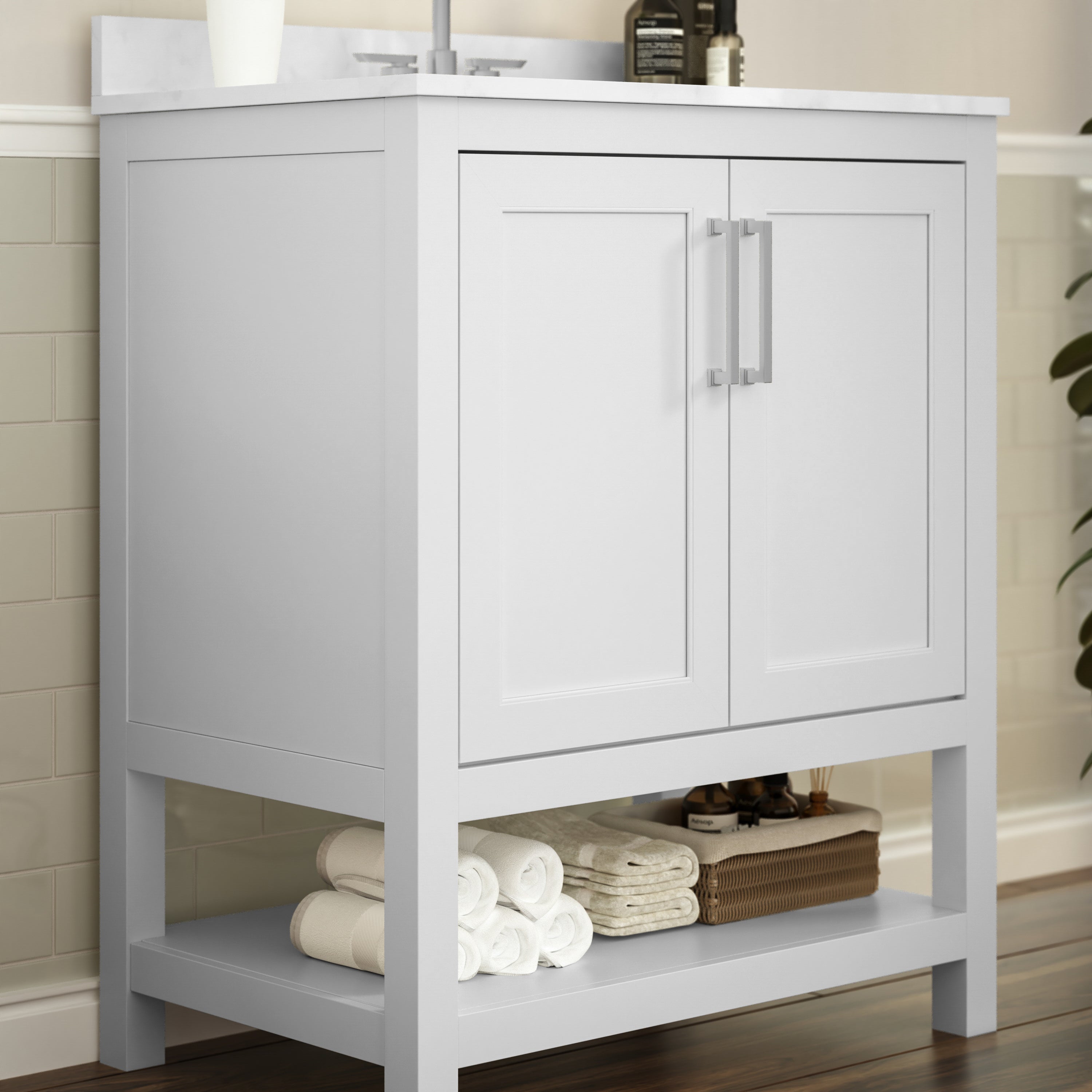 Vega 30 Inch Bathroom Vanity with Sink Combo, Storage Cabinet with Soft Close Doors and Open Shelf, Carrara Marble Finish Countertop, White/White