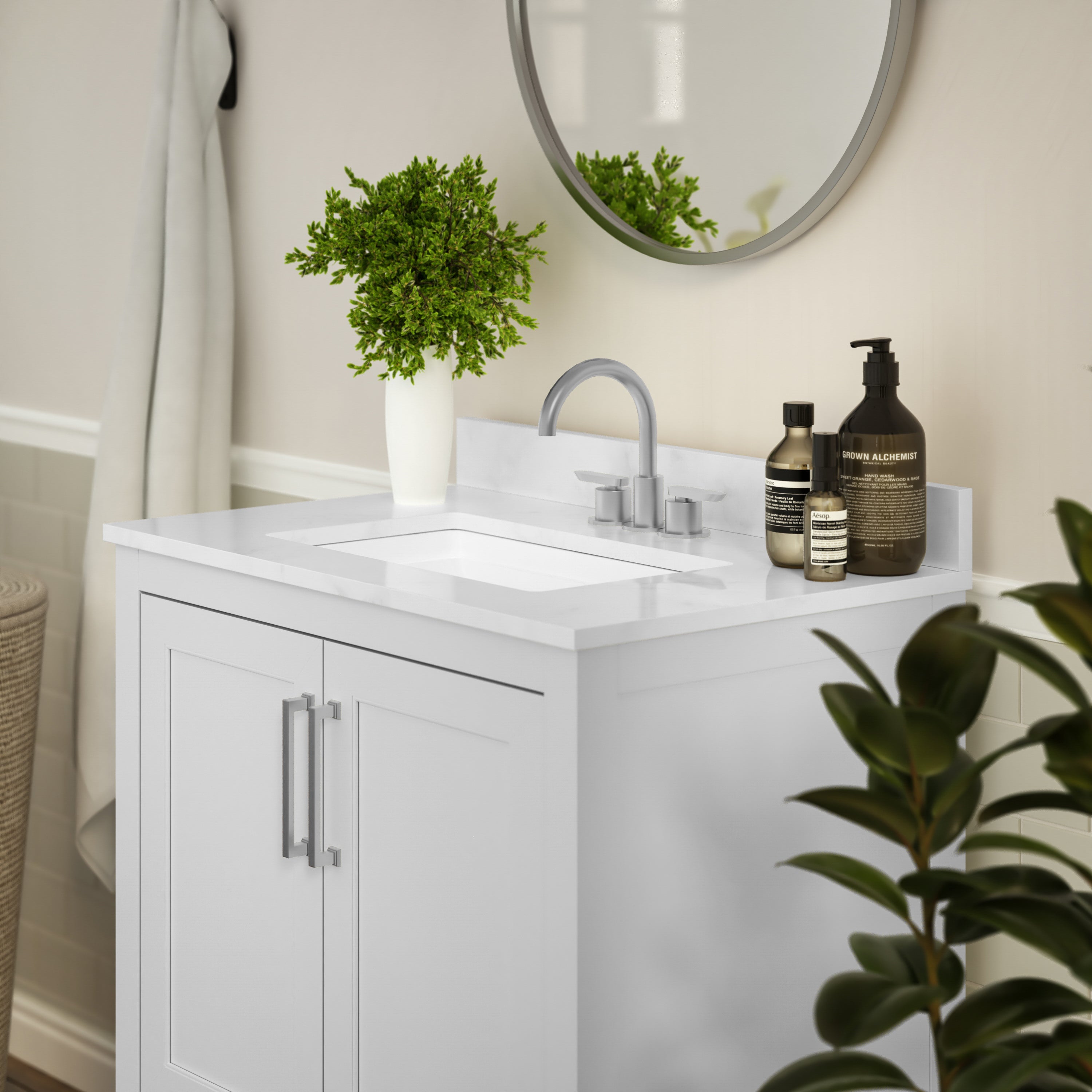 Vega 30 Inch Bathroom Vanity with Sink Combo, Storage Cabinet with Soft Close Doors and Open Shelf, Carrara Marble Finish Countertop, White/White