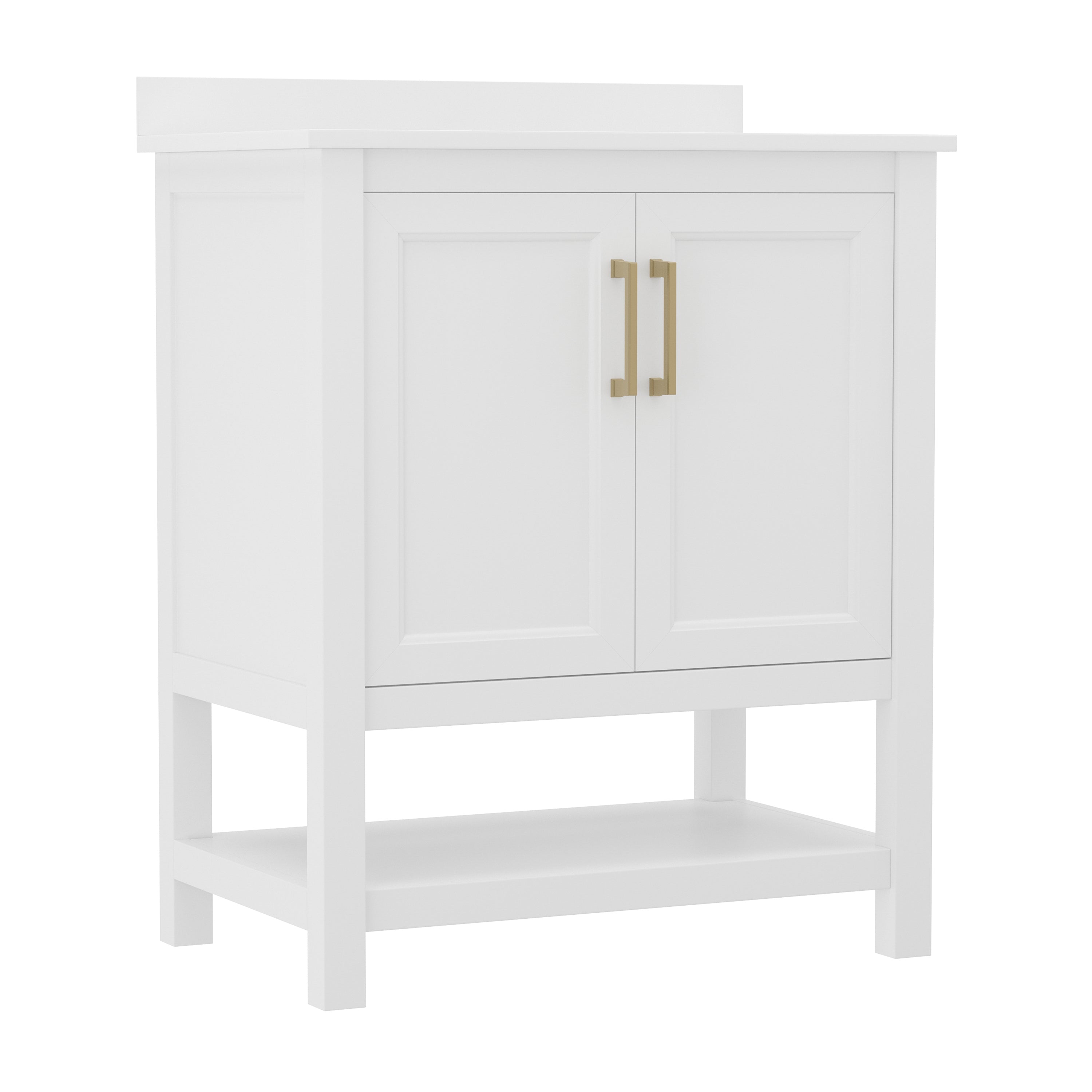 Vega 30 Inch Bathroom Vanity with Sink Combo, Storage Cabinet with Soft Close Doors and Open Shelf, Carrara Marble Finish Countertop, White/Gold