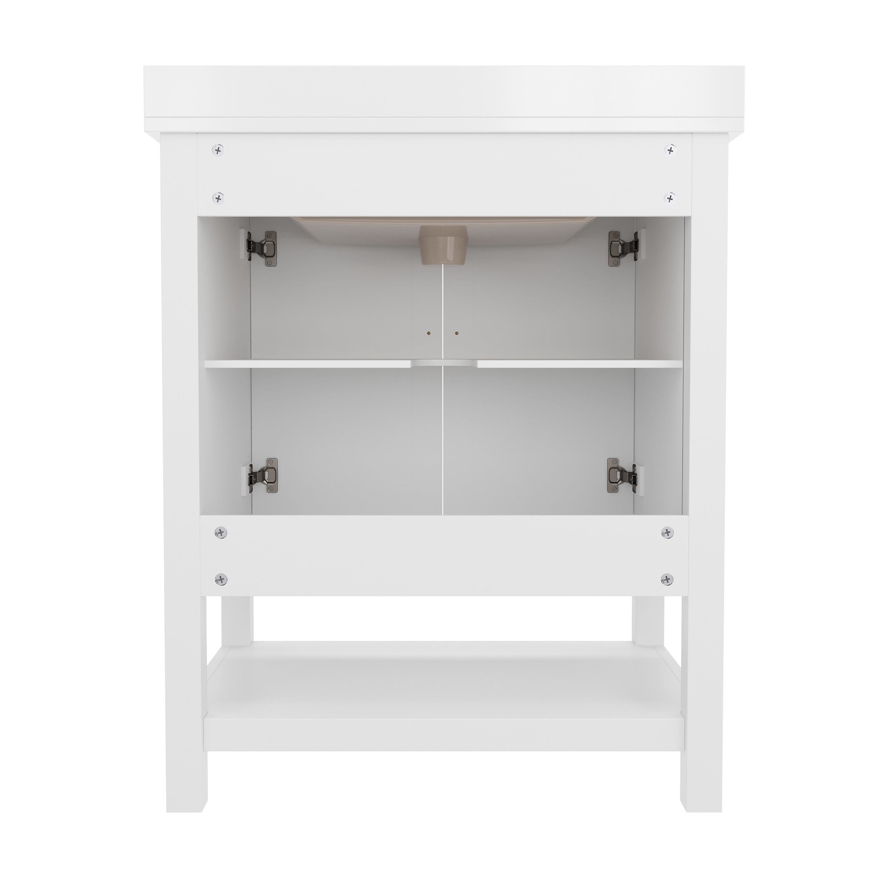 Vega 30 Inch Bathroom Vanity with Sink Combo, Storage Cabinet with Soft Close Doors and Open Shelf, Carrara Marble Finish Countertop, White/Gold