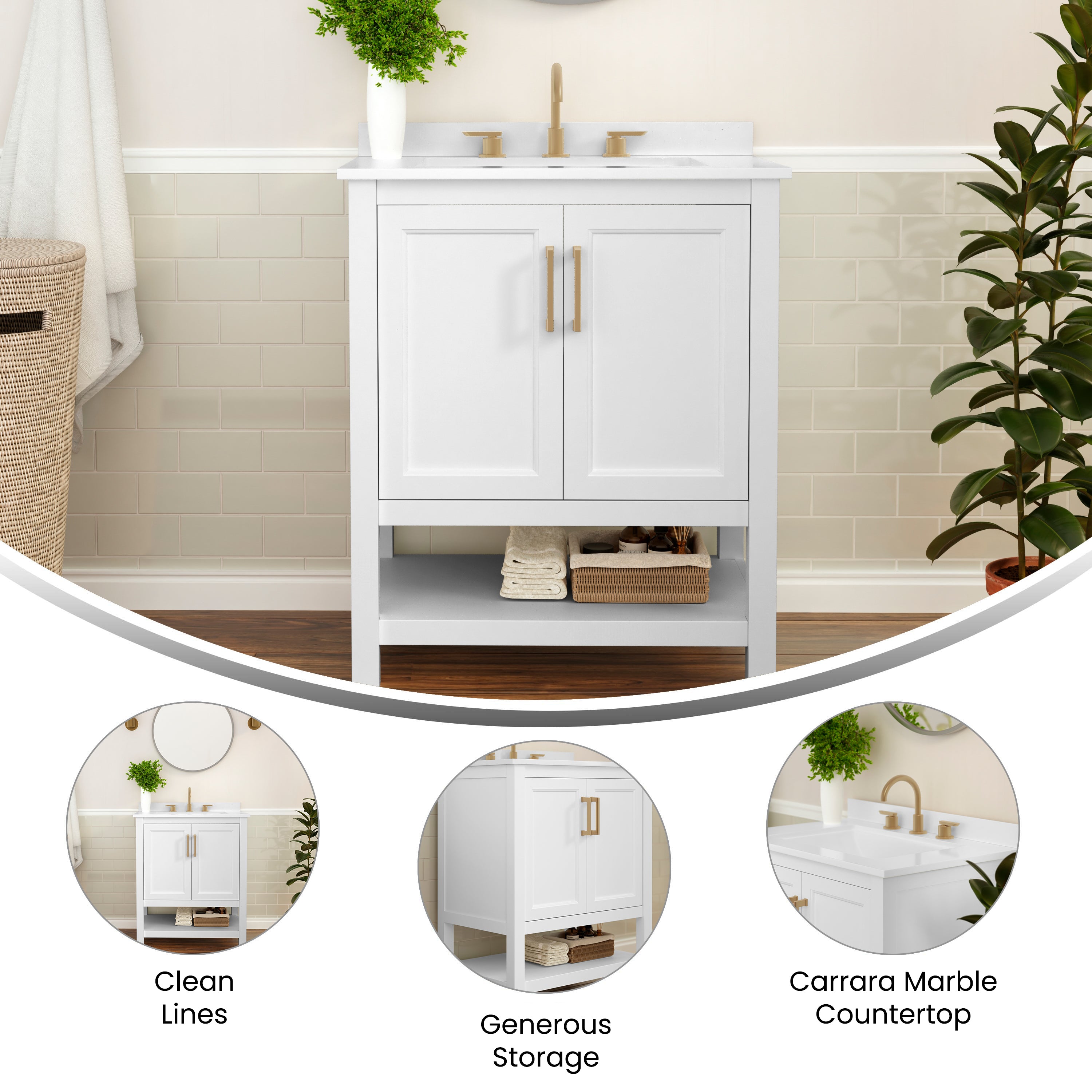 Vega 30 Inch Bathroom Vanity with Sink Combo, Storage Cabinet with Soft Close Doors and Open Shelf, Carrara Marble Finish Countertop, White/Gold