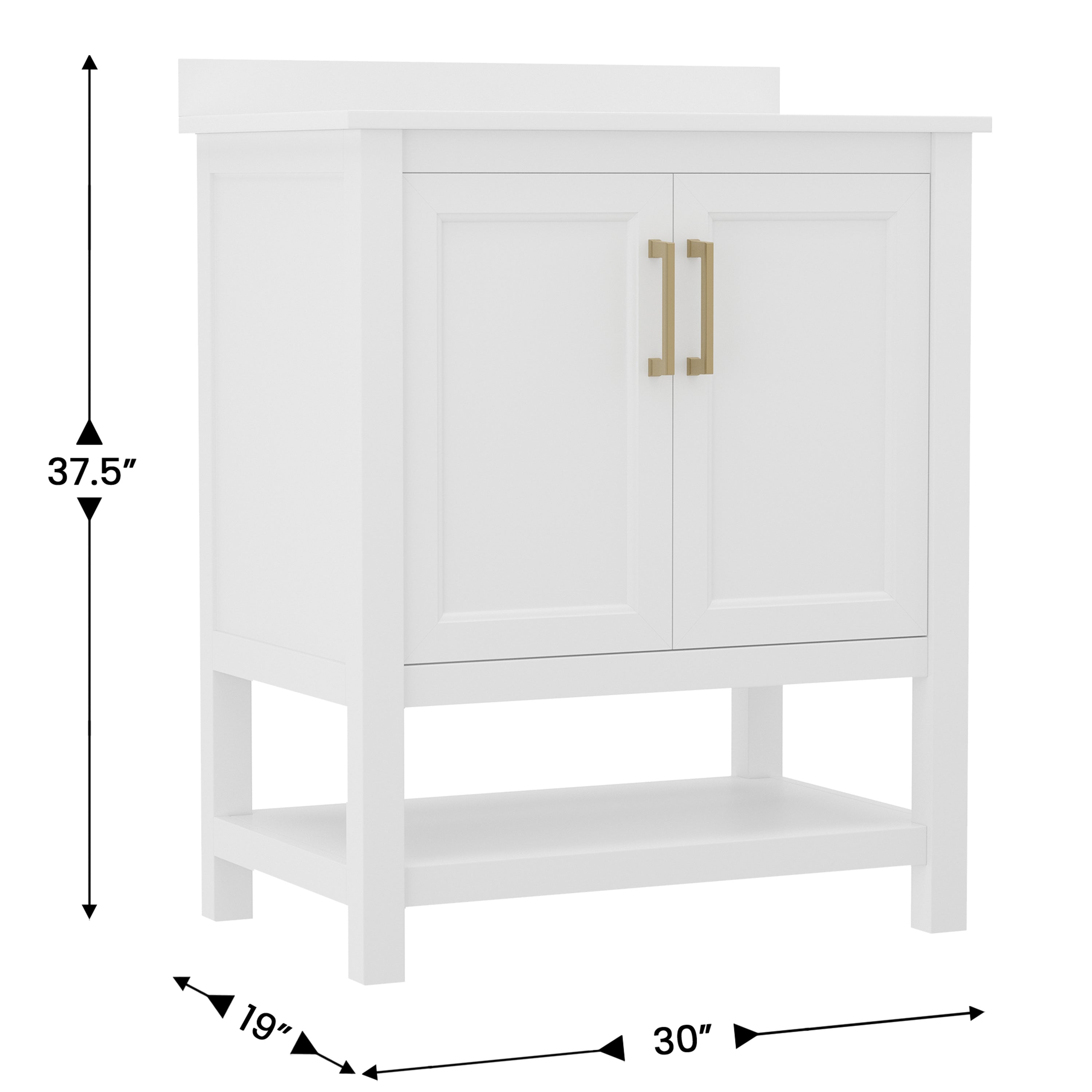 Vega 30 Inch Bathroom Vanity with Sink Combo, Storage Cabinet with Soft Close Doors and Open Shelf, Carrara Marble Finish Countertop, White/Gold