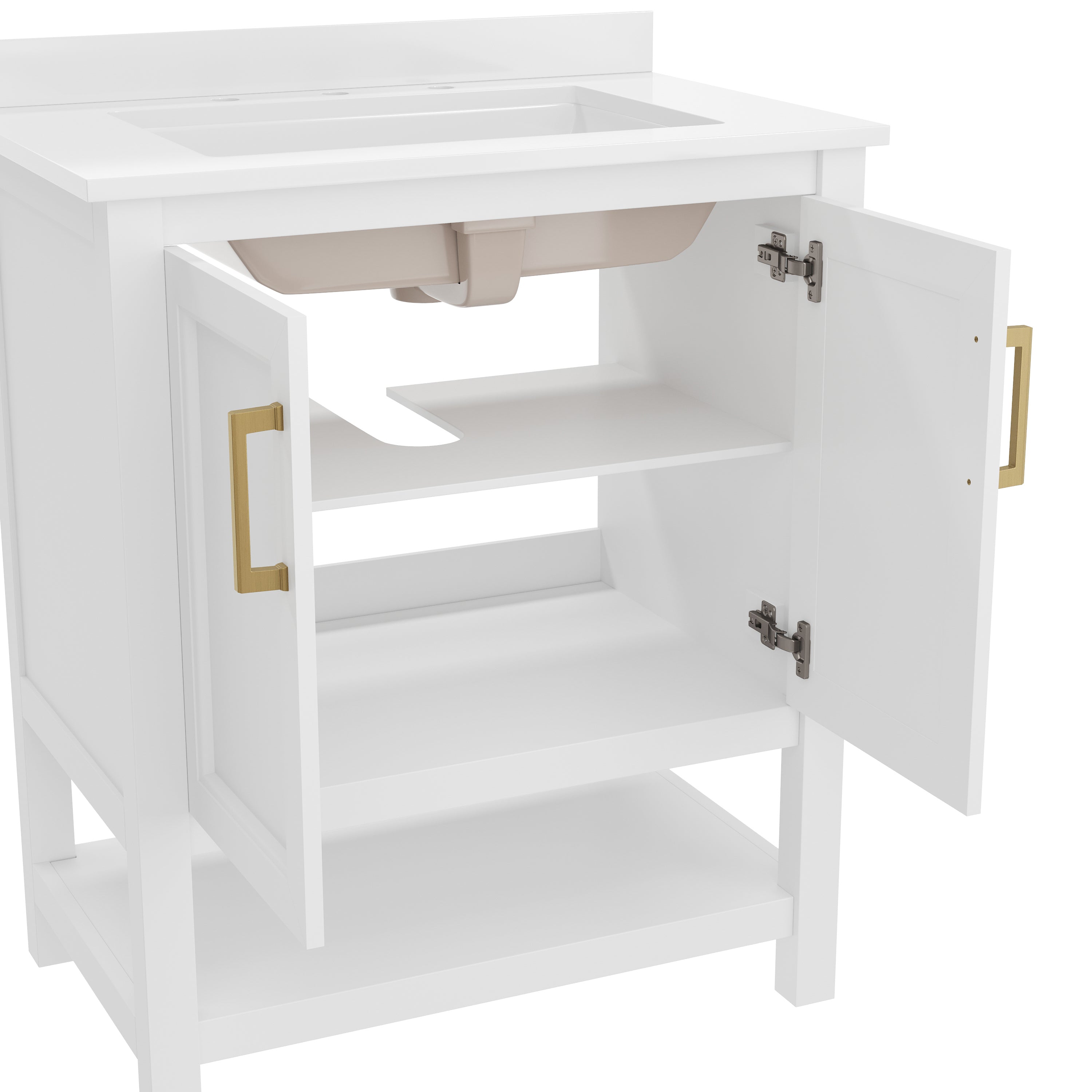 Vega 30 Inch Bathroom Vanity with Sink Combo, Storage Cabinet with Soft Close Doors and Open Shelf, Carrara Marble Finish Countertop, White/Gold