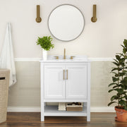 Vega 30 Inch Bathroom Vanity with Sink Combo, Storage Cabinet with Soft Close Doors and Open Shelf, Carrara Marble Finish Countertop, White/Gold