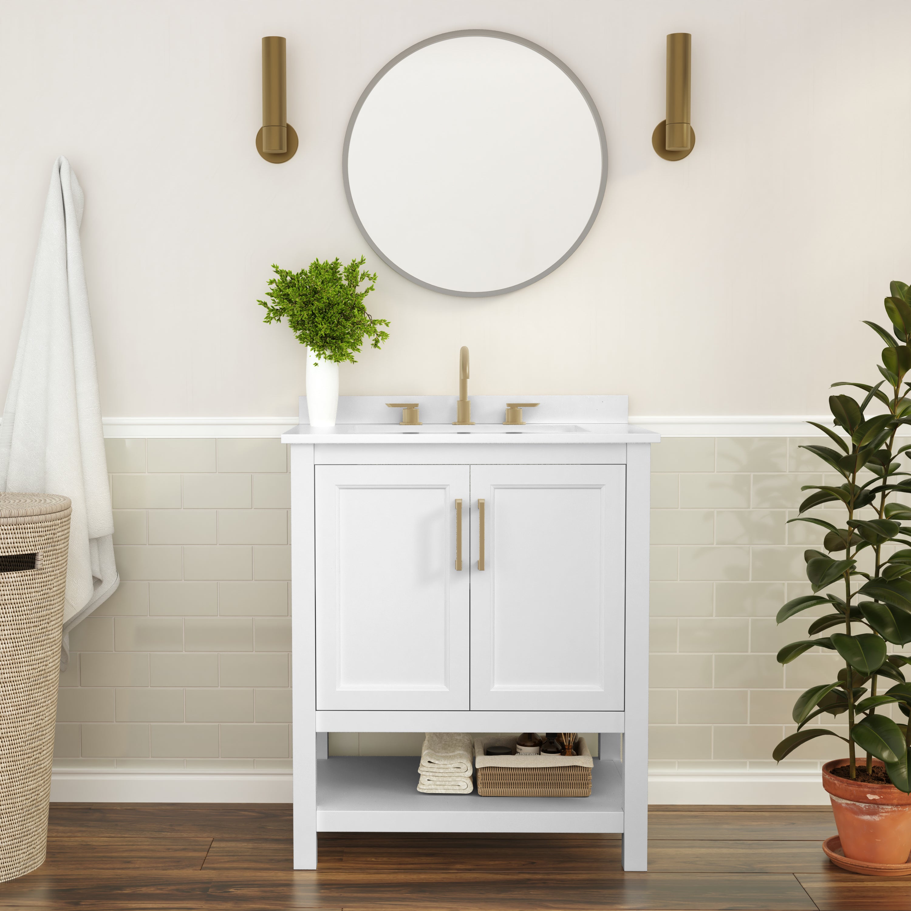 Vega 30 Inch Bathroom Vanity with Sink Combo, Storage Cabinet with Soft Close Doors and Open Shelf, Carrara Marble Finish Countertop, White/Gold