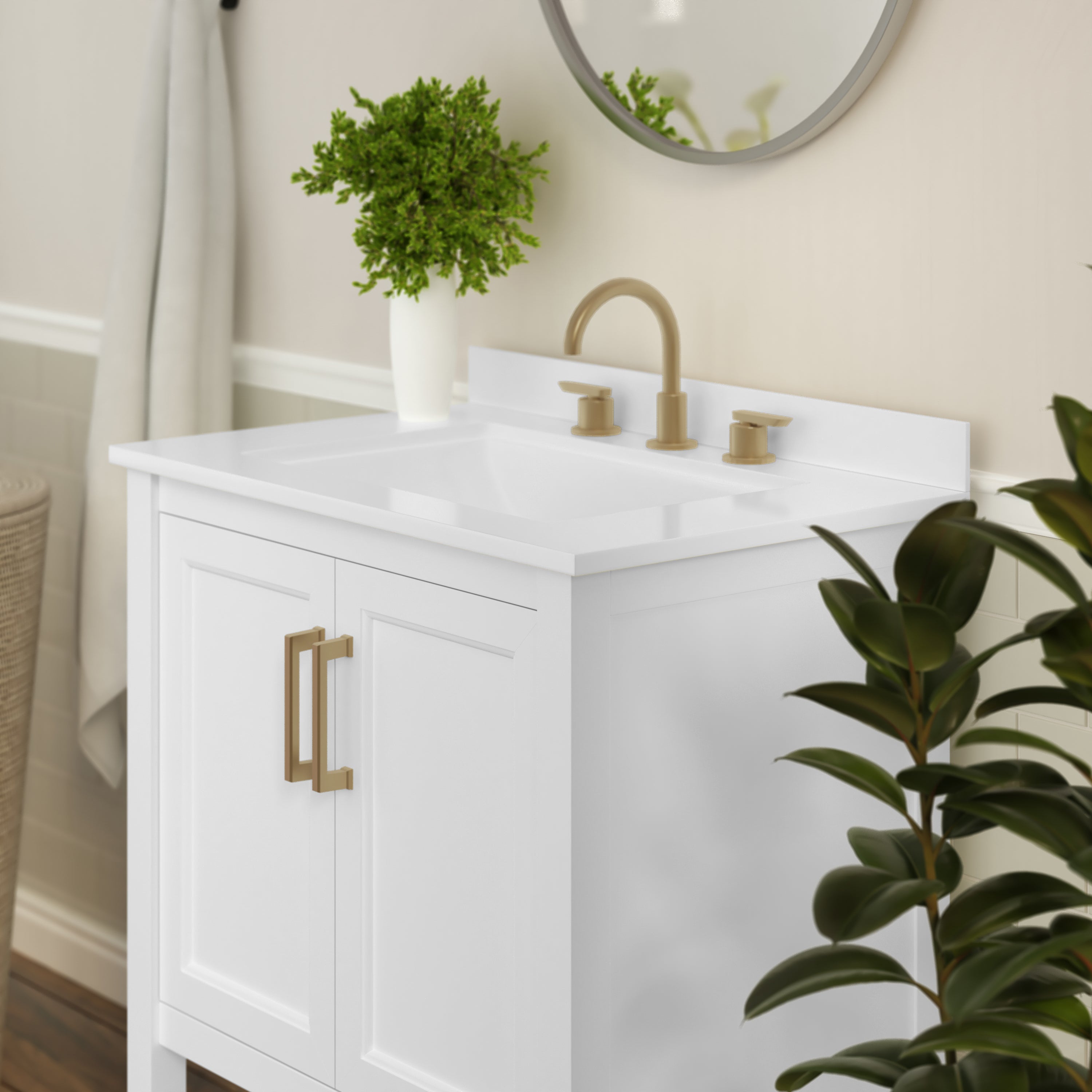 Vega 30 Inch Bathroom Vanity with Sink Combo, Storage Cabinet with Soft Close Doors and Open Shelf, Carrara Marble Finish Countertop, White/Gold