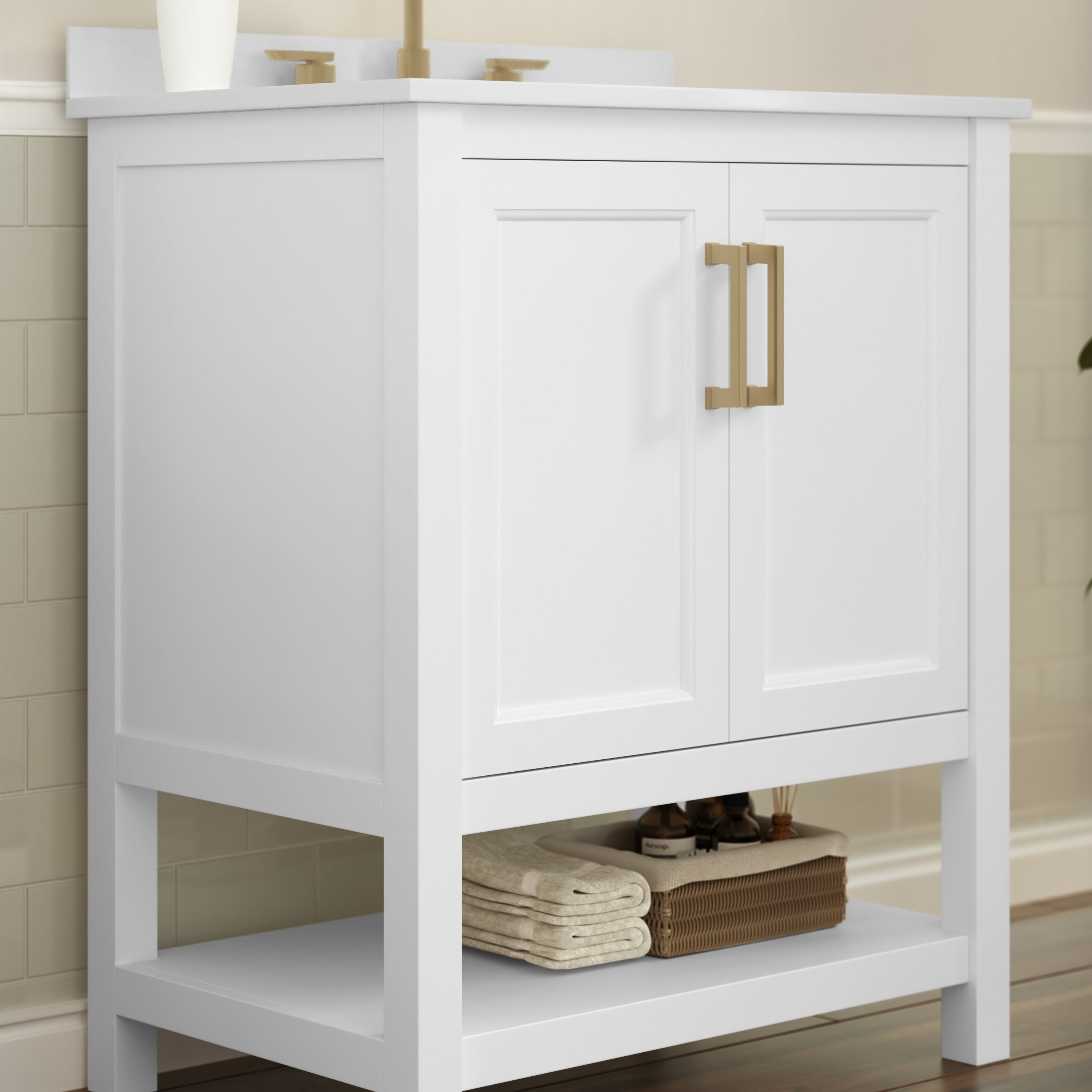 Vega 30 Inch Bathroom Vanity with Sink Combo, Storage Cabinet with Soft Close Doors and Open Shelf, Carrara Marble Finish Countertop, White/Gold