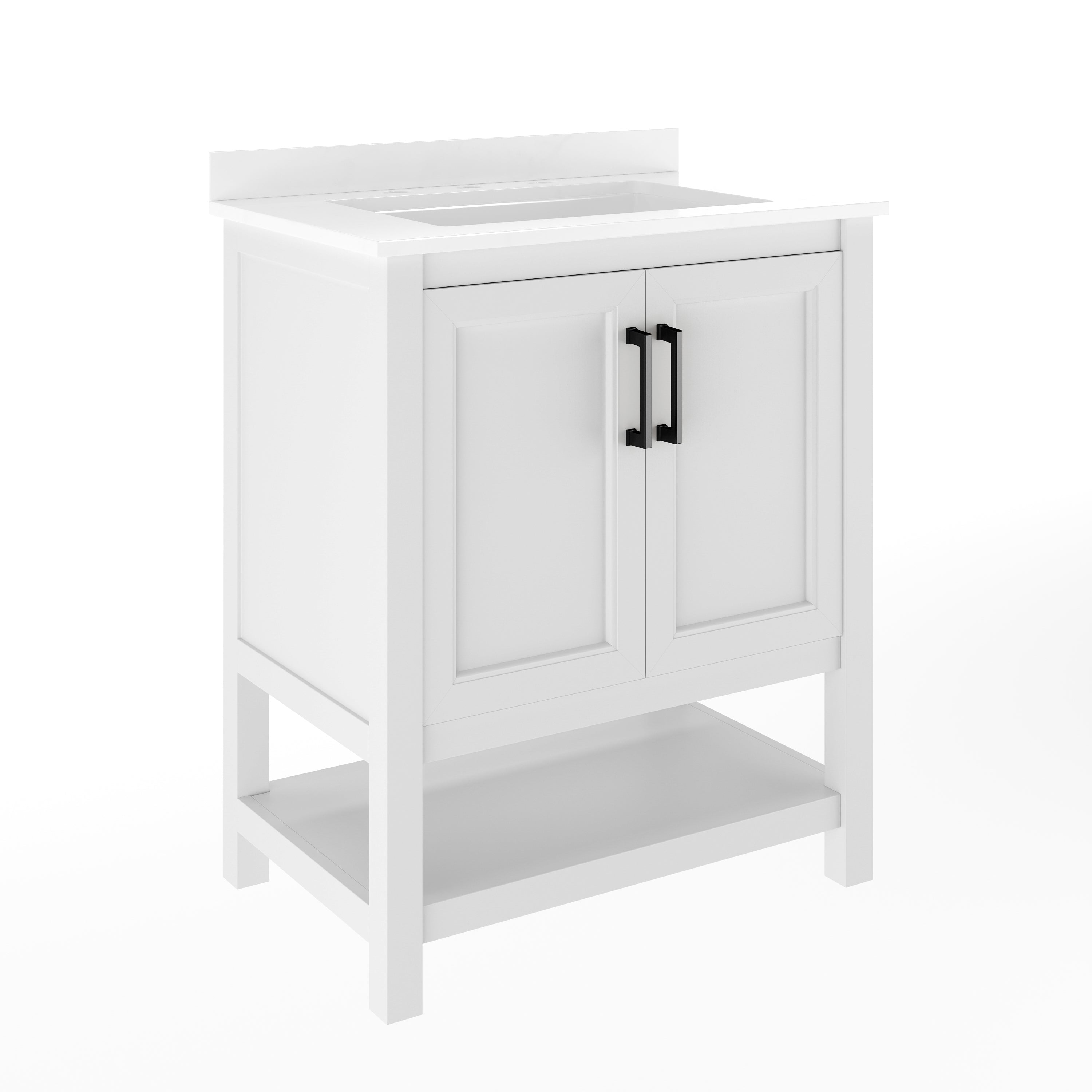 Vega 30" Bathroom Vanity with Sink, Storage Cabinet with Soft Close Doors & Open Shelf, Carrara Marble Finish Counter & Black Hardware, White/White