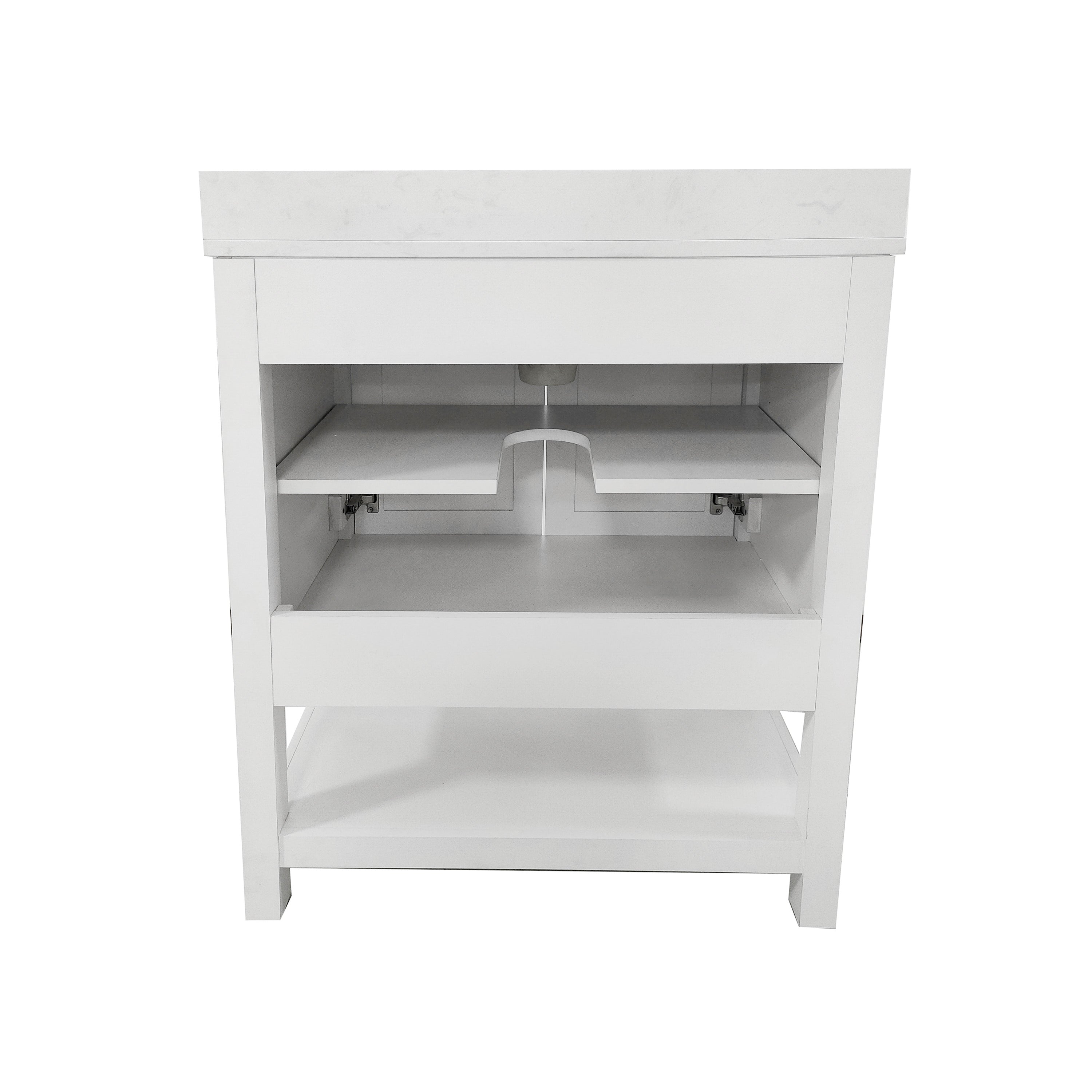 Vega 30" Bathroom Vanity with Sink, Storage Cabinet with Soft Close Doors & Open Shelf, Carrara Marble Finish Counter & Black Hardware, White/White