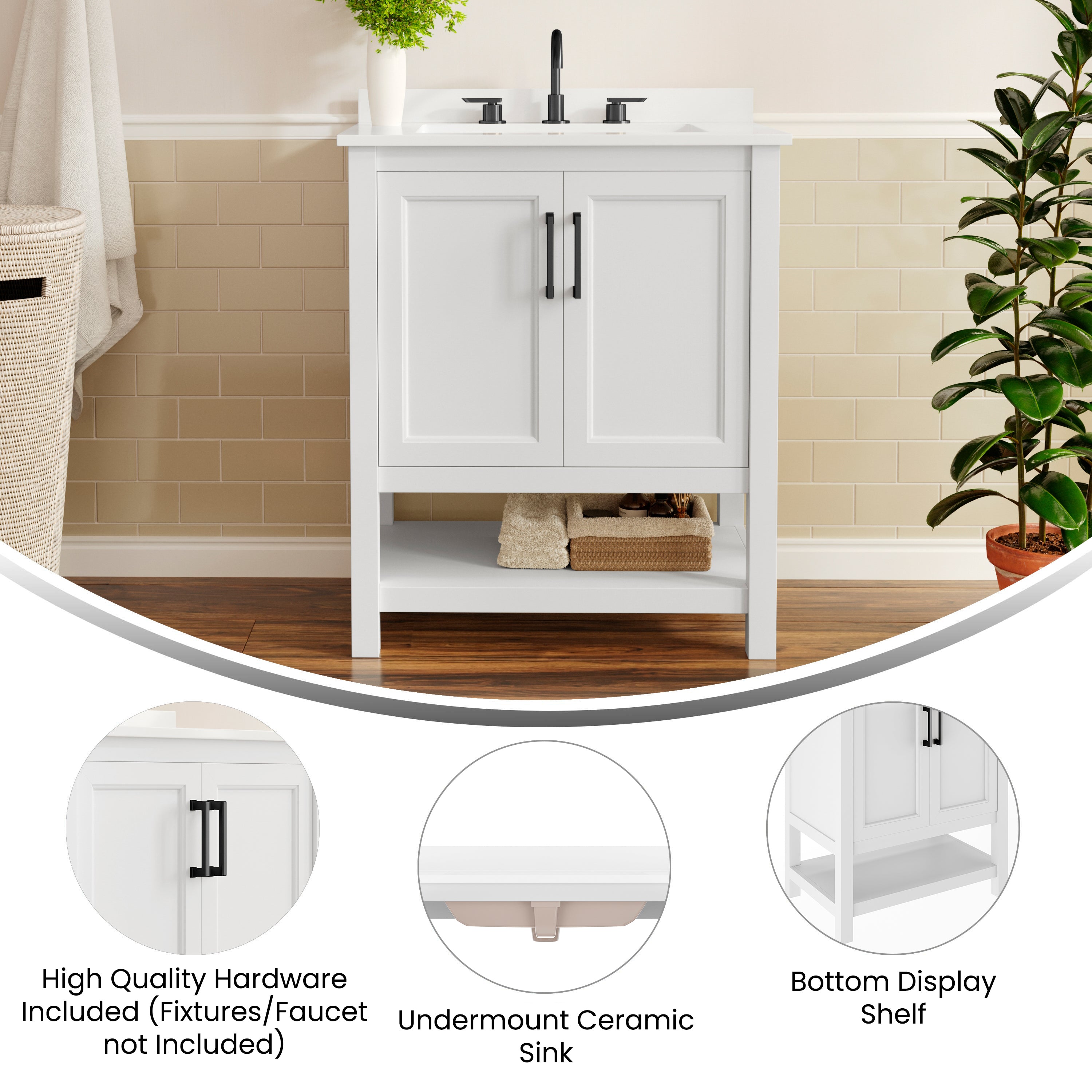 Vega 30" Bathroom Vanity with Sink, Storage Cabinet with Soft Close Doors & Open Shelf, Carrara Marble Finish Counter & Black Hardware, White/White