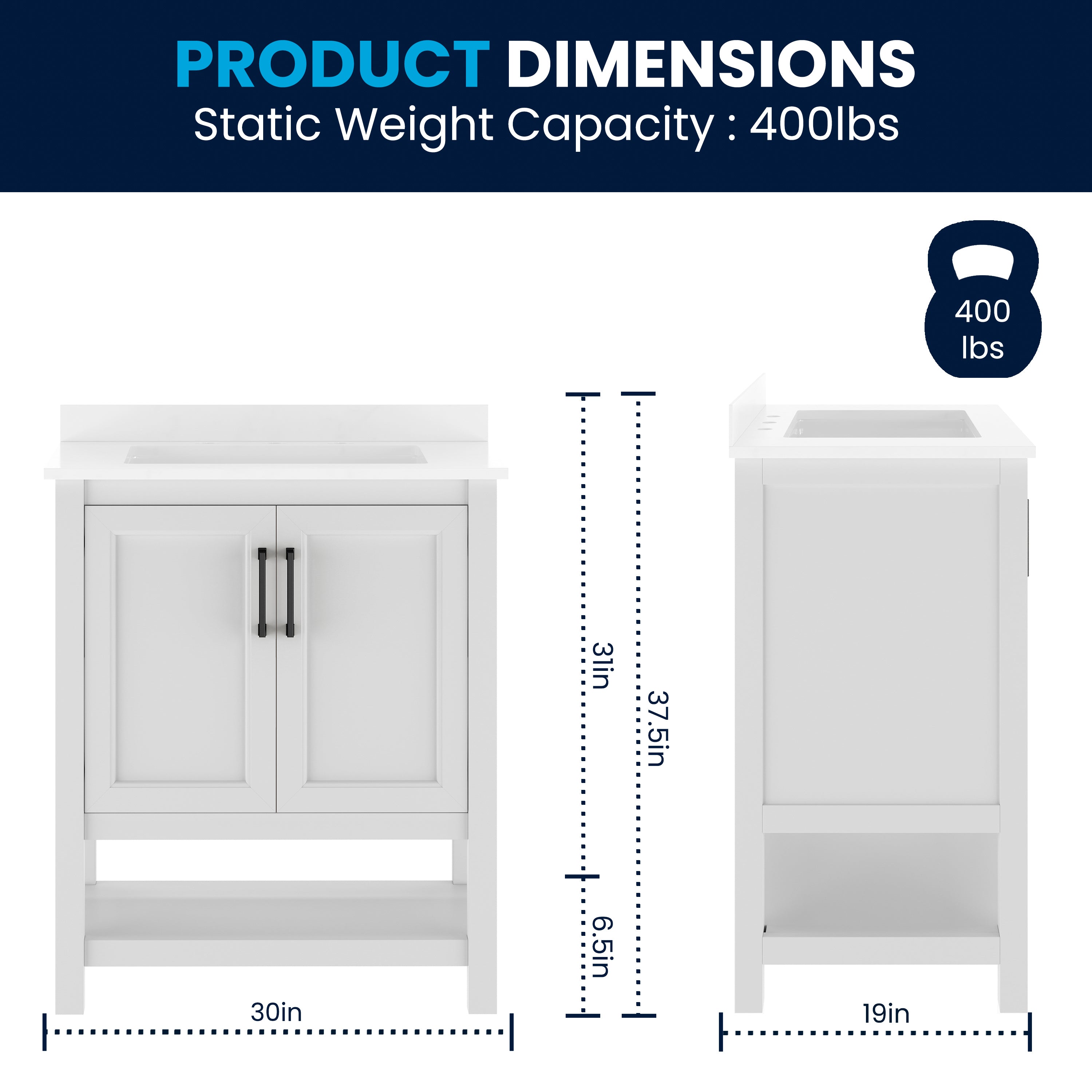 Vega 30" Bathroom Vanity with Sink, Storage Cabinet with Soft Close Doors & Open Shelf, Carrara Marble Finish Counter & Black Hardware, White/White