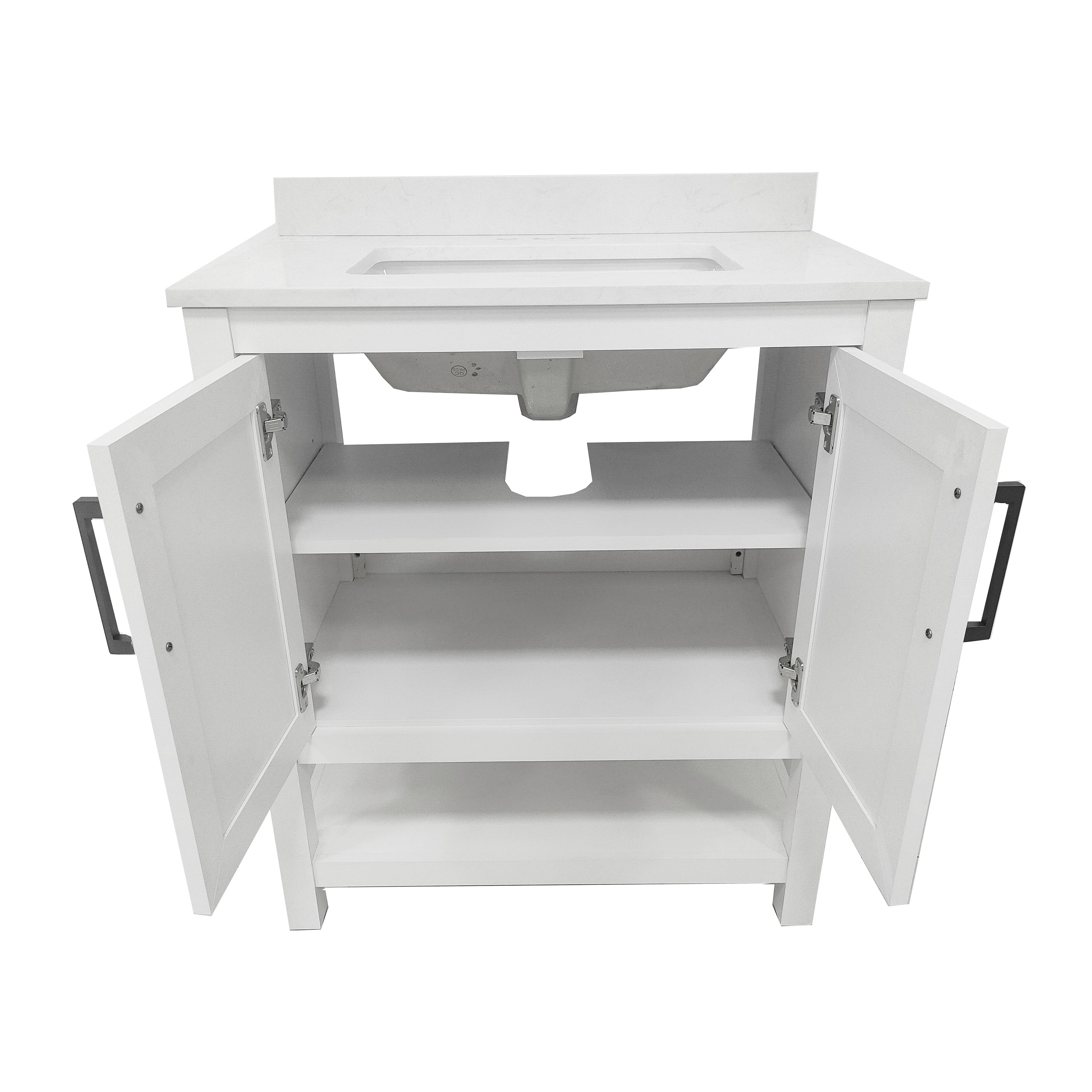 Vega 30" Bathroom Vanity with Sink, Storage Cabinet with Soft Close Doors & Open Shelf, Carrara Marble Finish Counter & Black Hardware, White/White