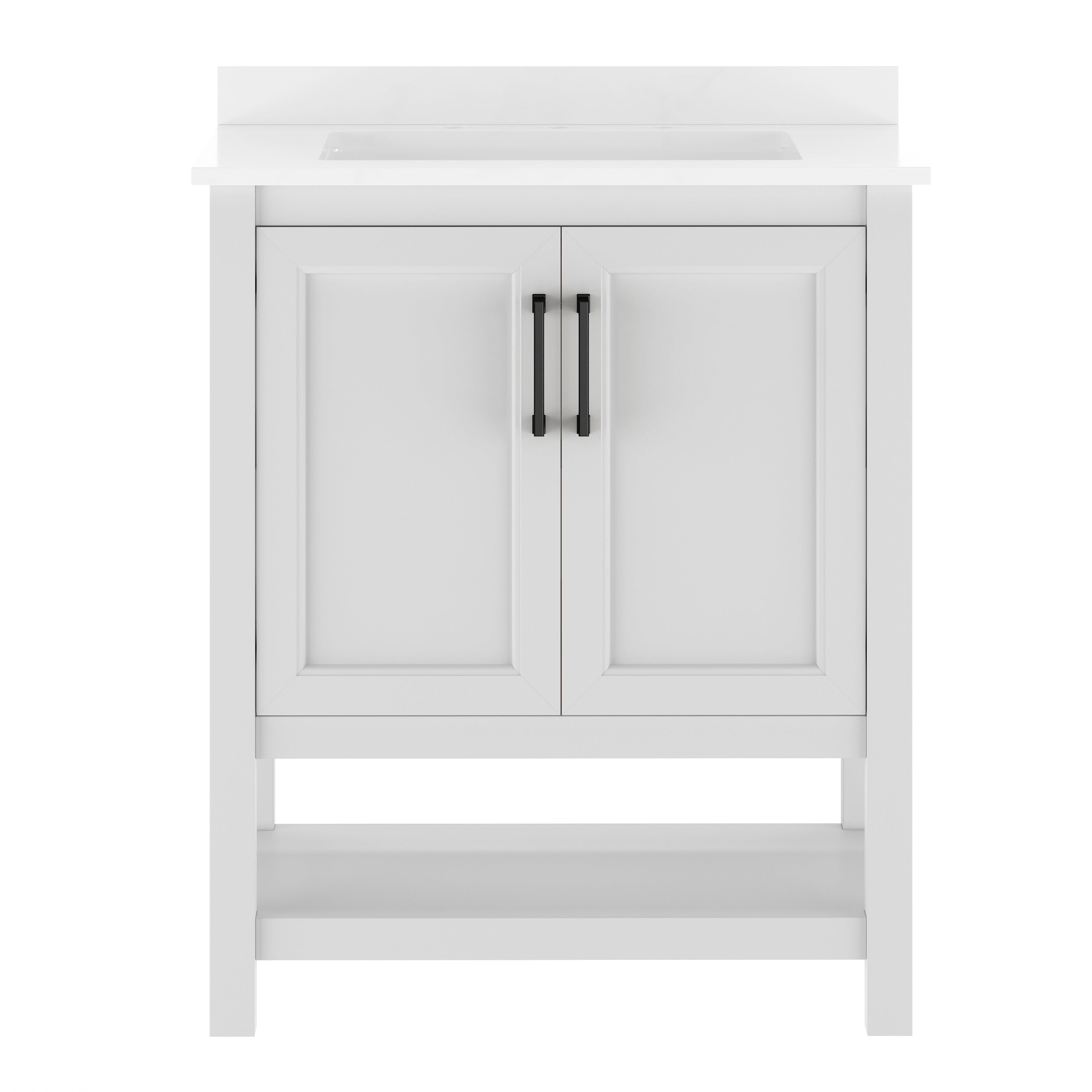 Vega 30" Bathroom Vanity with Sink, Storage Cabinet with Soft Close Doors & Open Shelf, Carrara Marble Finish Counter & Black Hardware, White/White