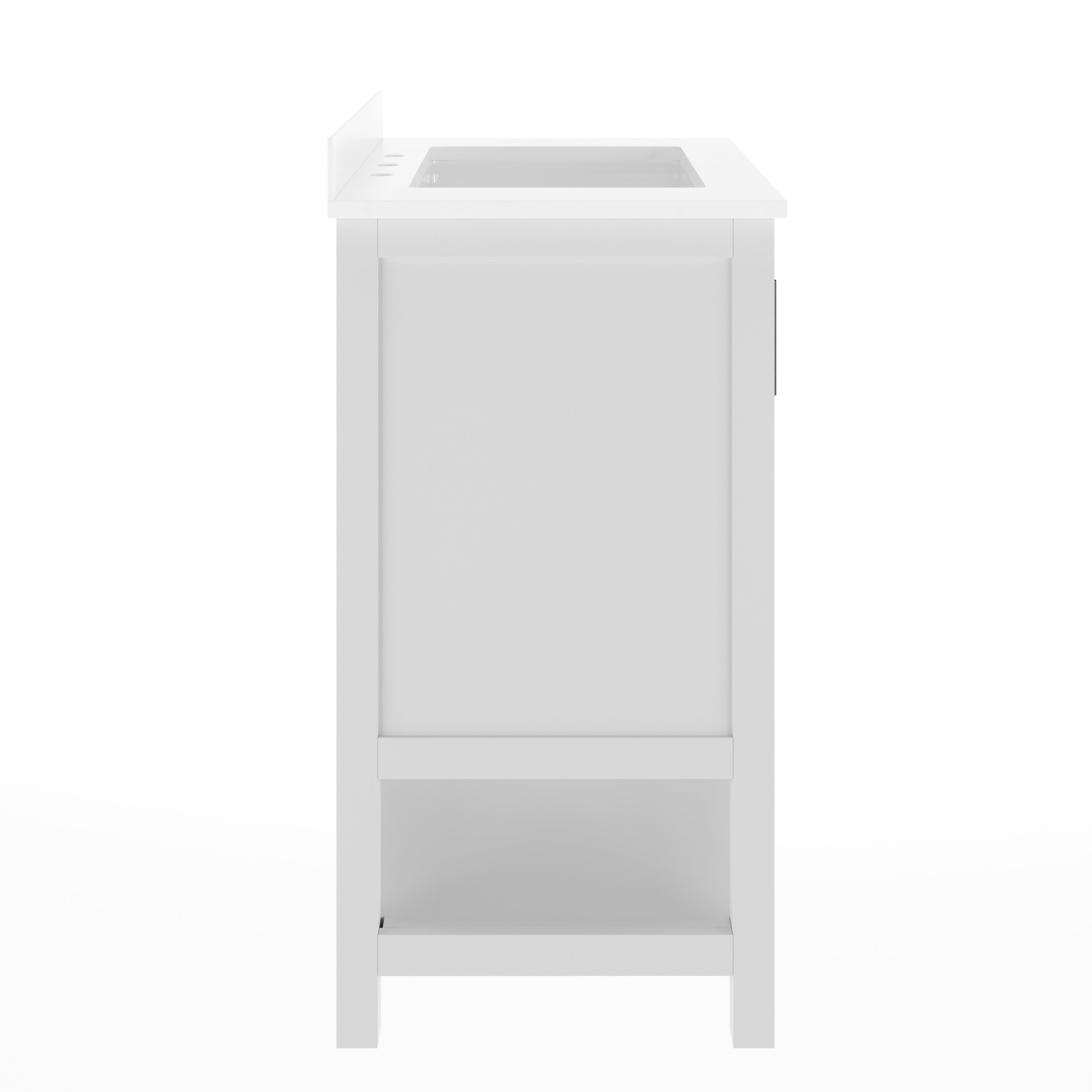 Vega 30" Bathroom Vanity with Sink, Storage Cabinet with Soft Close Doors & Open Shelf, Carrara Marble Finish Counter & Black Hardware, White/White