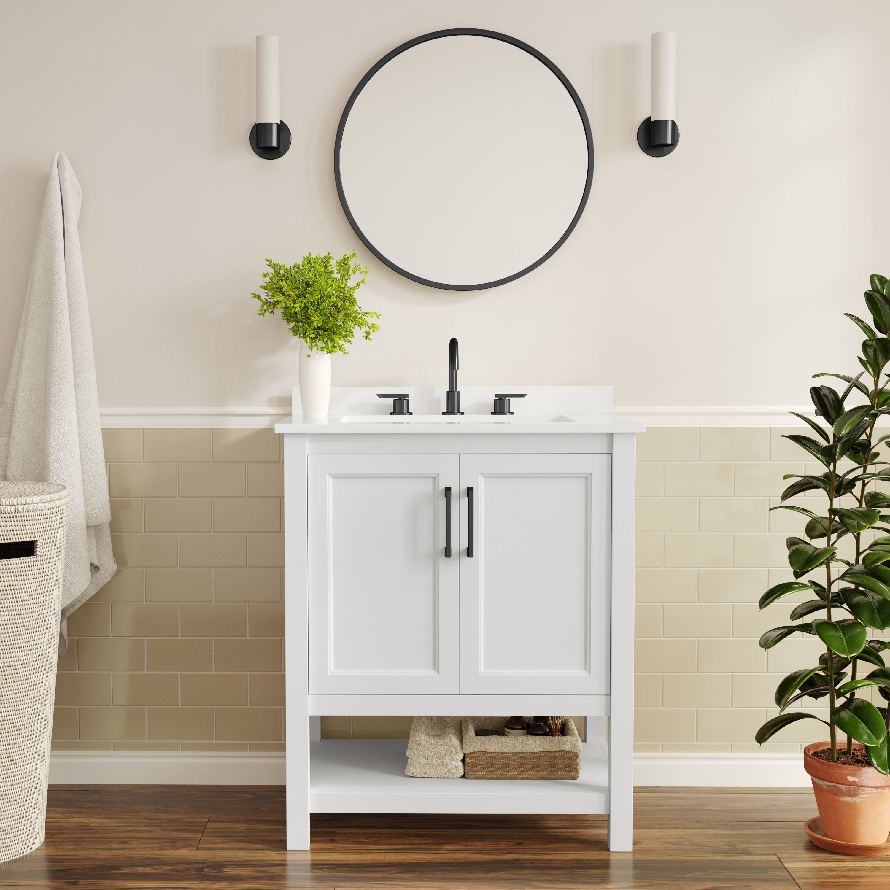 Vega 30" Bathroom Vanity with Sink, Storage Cabinet with Soft Close Doors & Open Shelf, Carrara Marble Finish Counter & Black Hardware, White/White