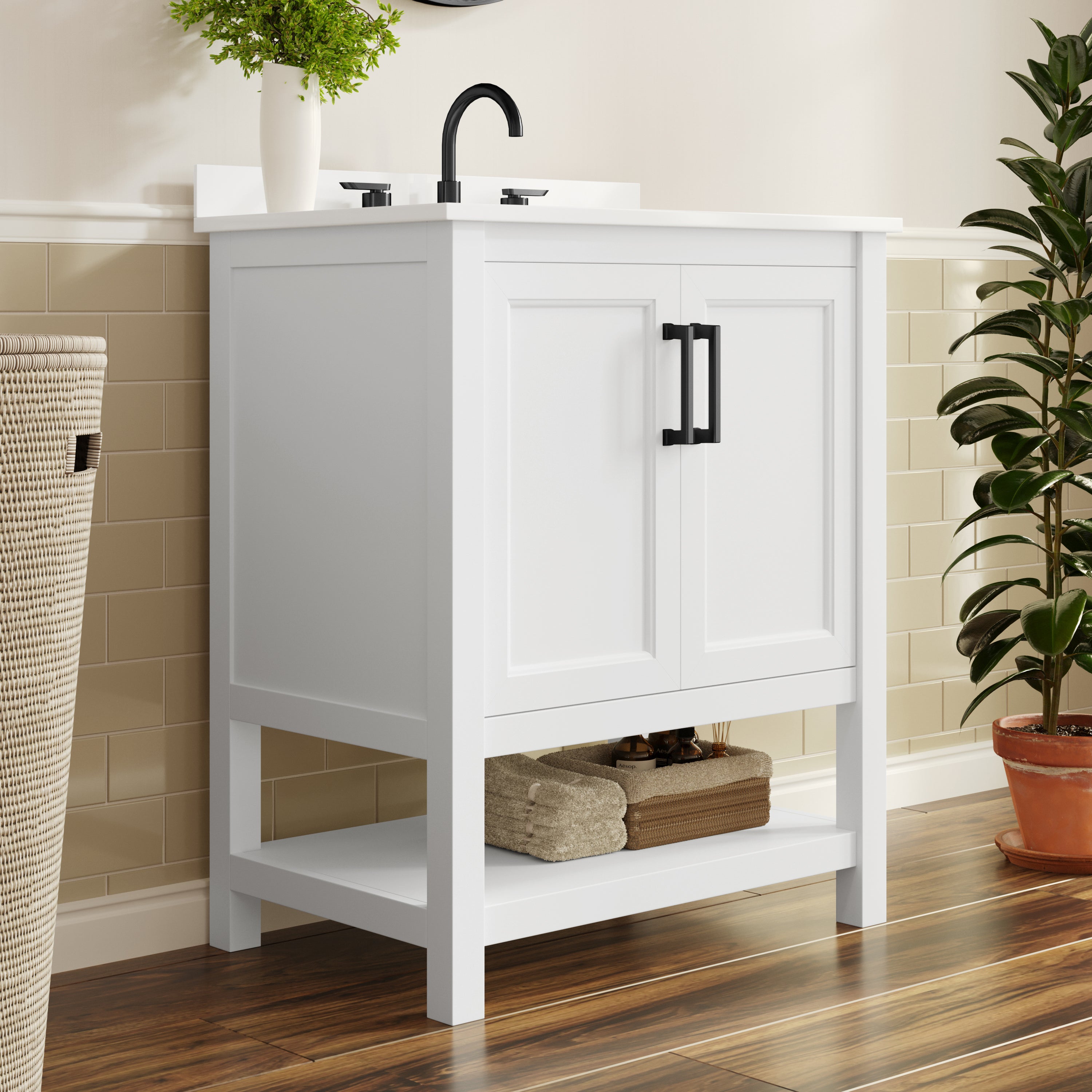 Vega 30" Bathroom Vanity with Sink, Storage Cabinet with Soft Close Doors & Open Shelf, Carrara Marble Finish Counter & Black Hardware, White/White