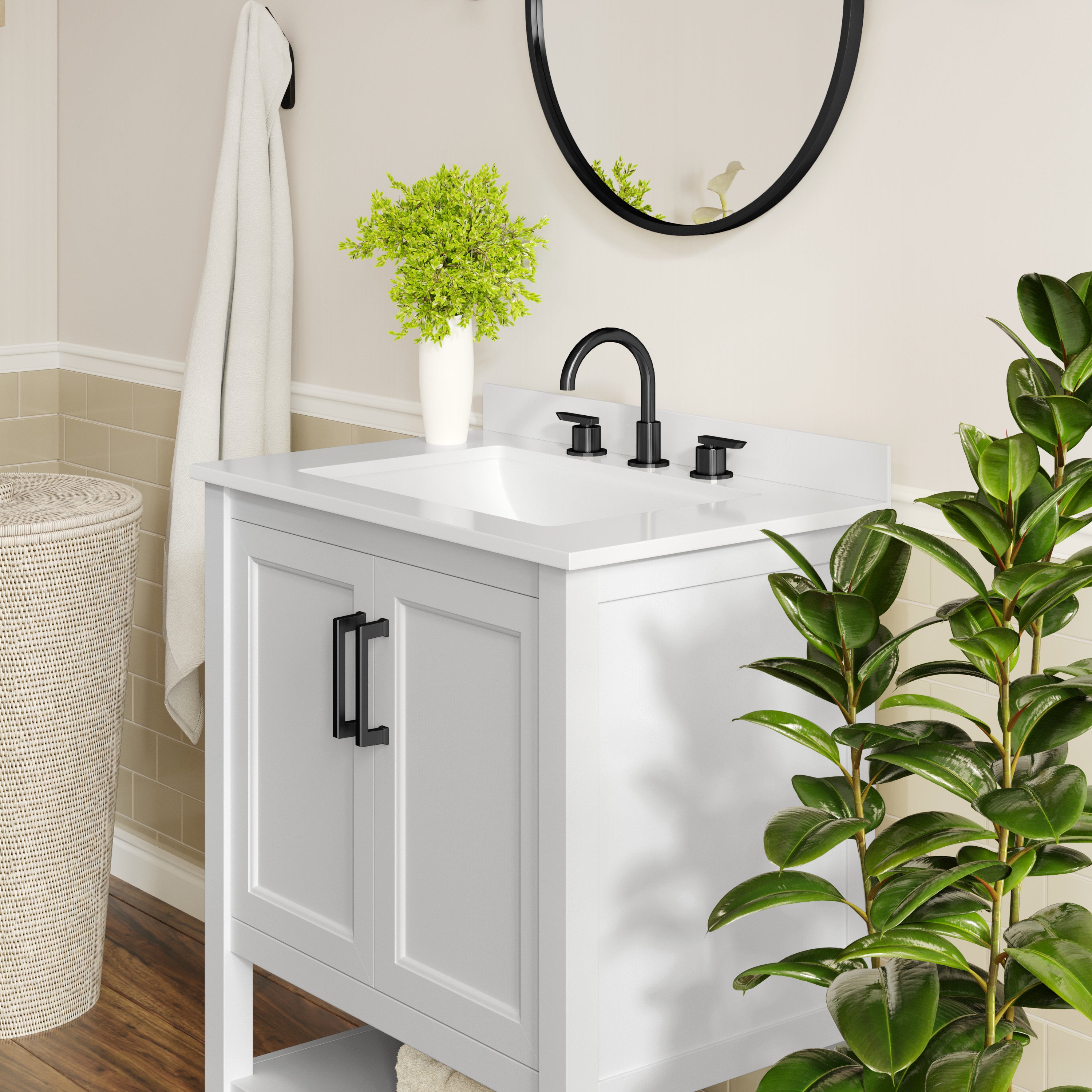 Vega 30" Bathroom Vanity with Sink, Storage Cabinet with Soft Close Doors & Open Shelf, Carrara Marble Finish Counter & Black Hardware, White/White