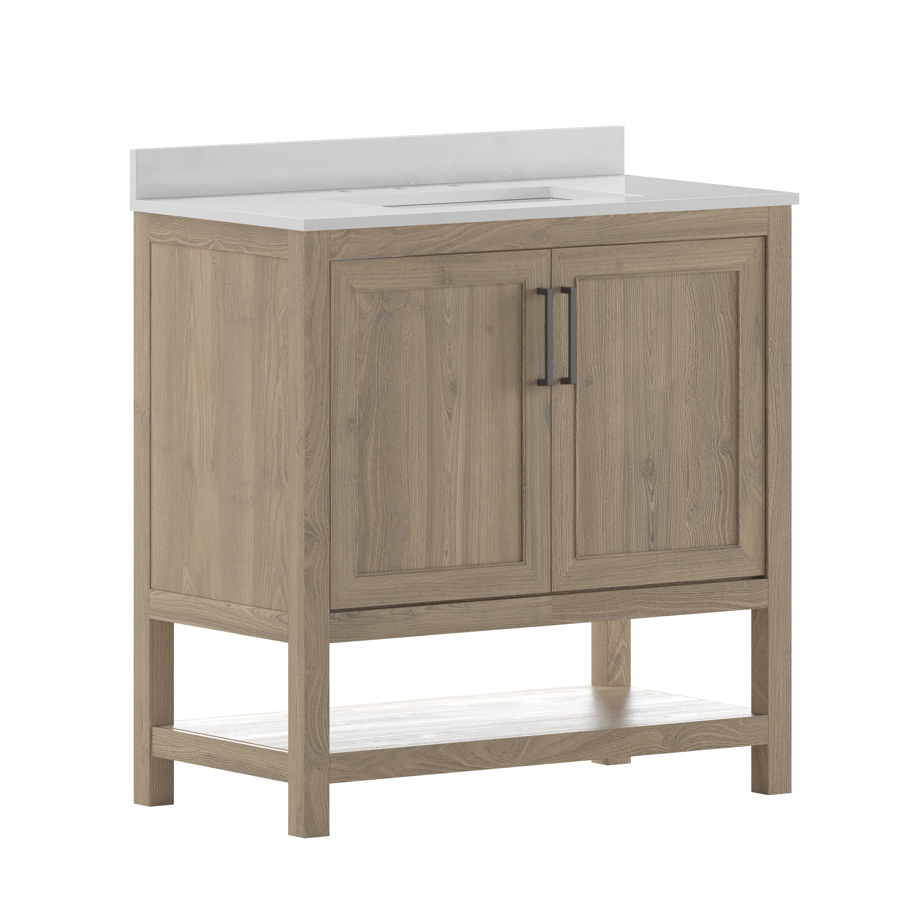 Vega 36 Inch Bathroom Vanity with Sink Combo, Storage Cabinet with Soft Close Doors and Open Shelf, Carrara Marble Finish Countertop, Brown/White
