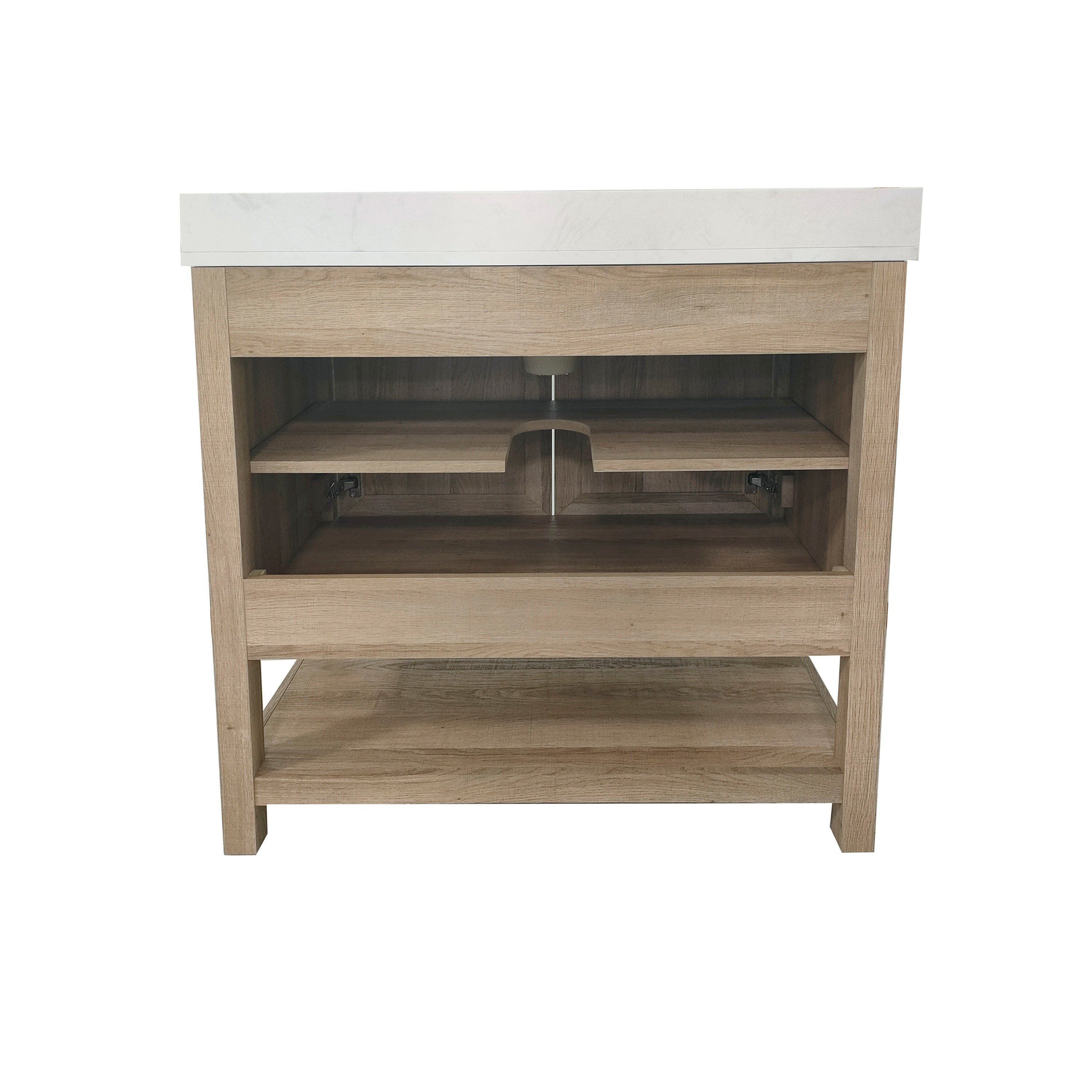 Vega 36 Inch Bathroom Vanity with Sink Combo, Storage Cabinet with Soft Close Doors and Open Shelf, Carrara Marble Finish Countertop, Brown/White