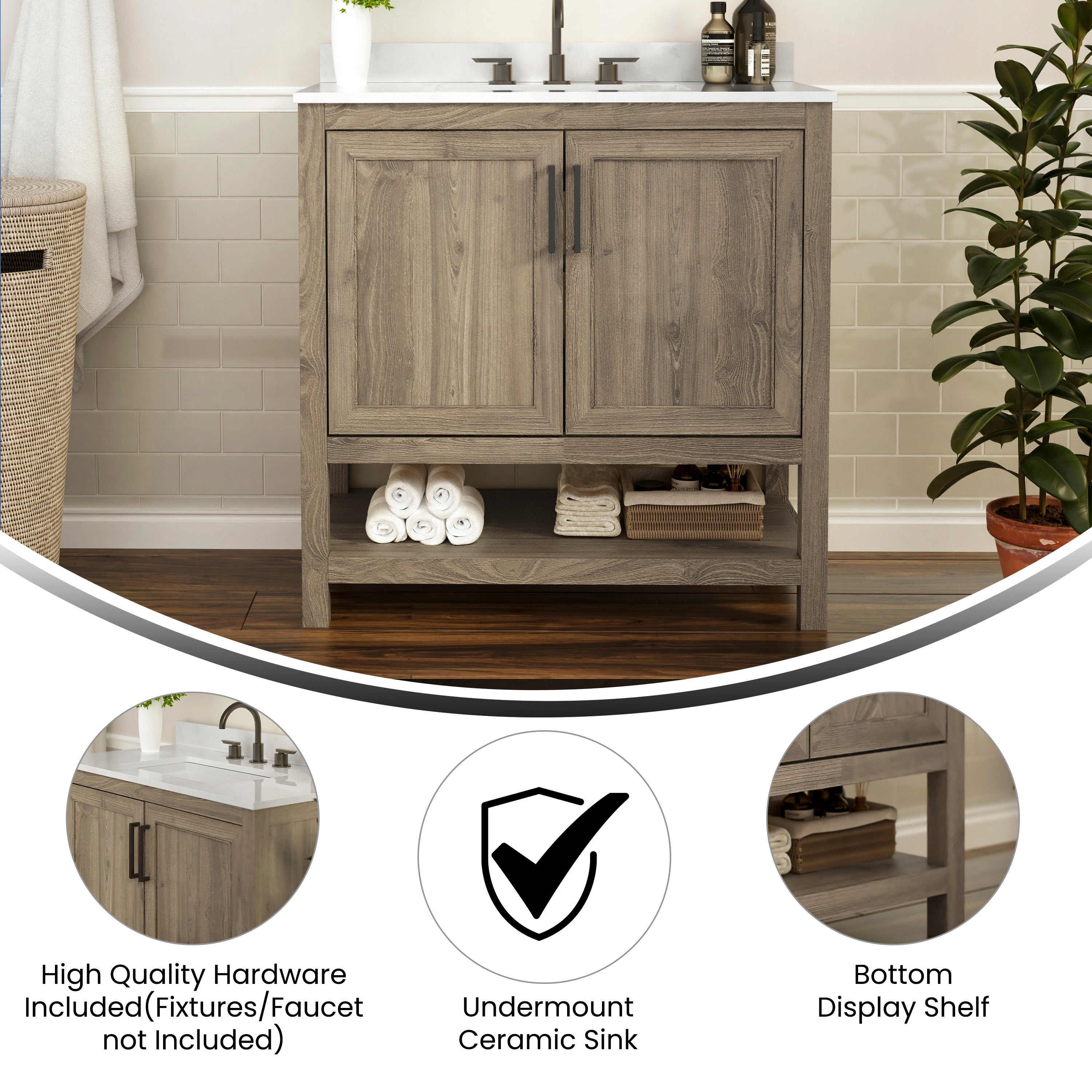 Vega 36 Inch Bathroom Vanity with Sink Combo, Storage Cabinet with Soft Close Doors and Open Shelf, Carrara Marble Finish Countertop, Brown/White