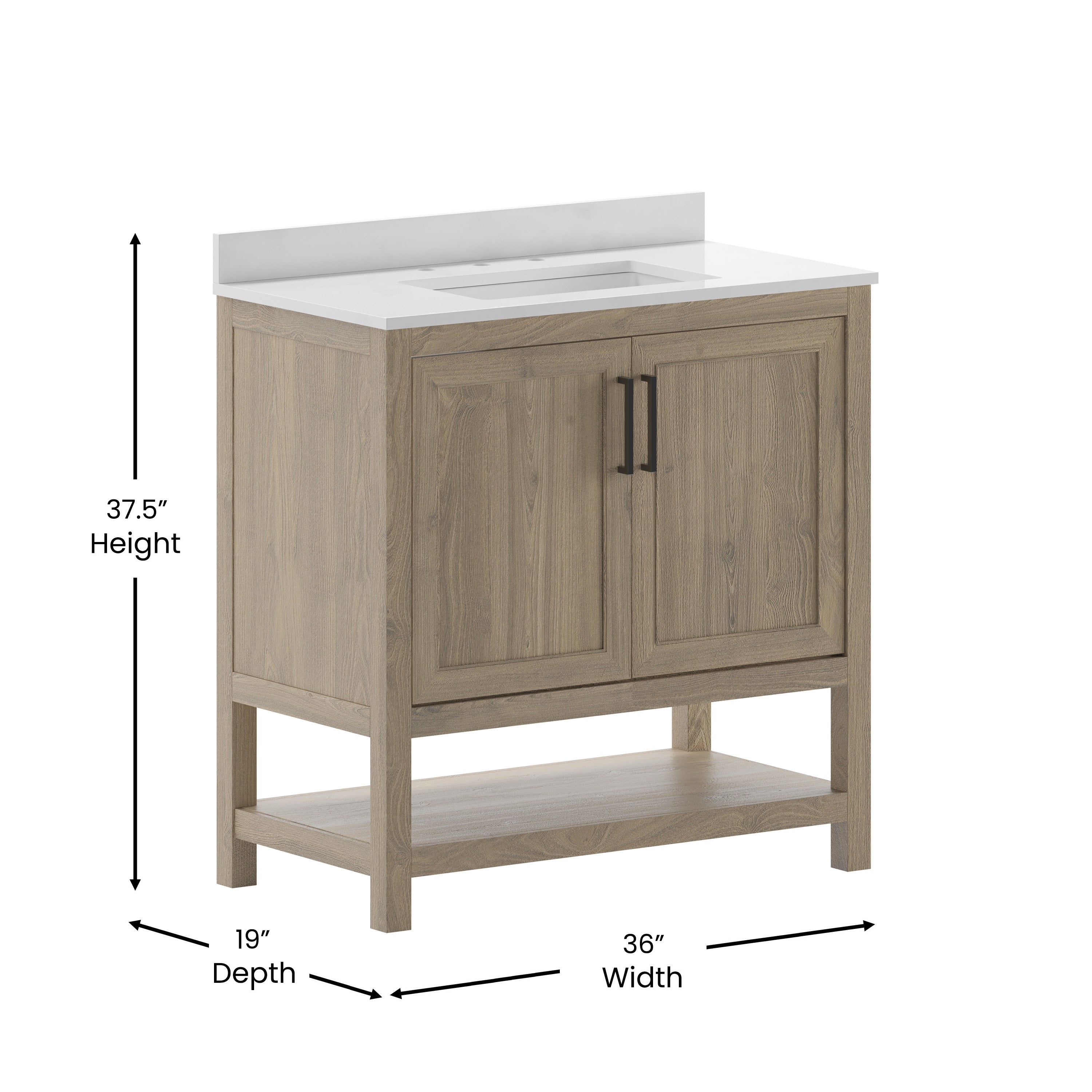 Vega 36 Inch Bathroom Vanity with Sink Combo, Storage Cabinet with Soft Close Doors and Open Shelf, Carrara Marble Finish Countertop, Brown/White