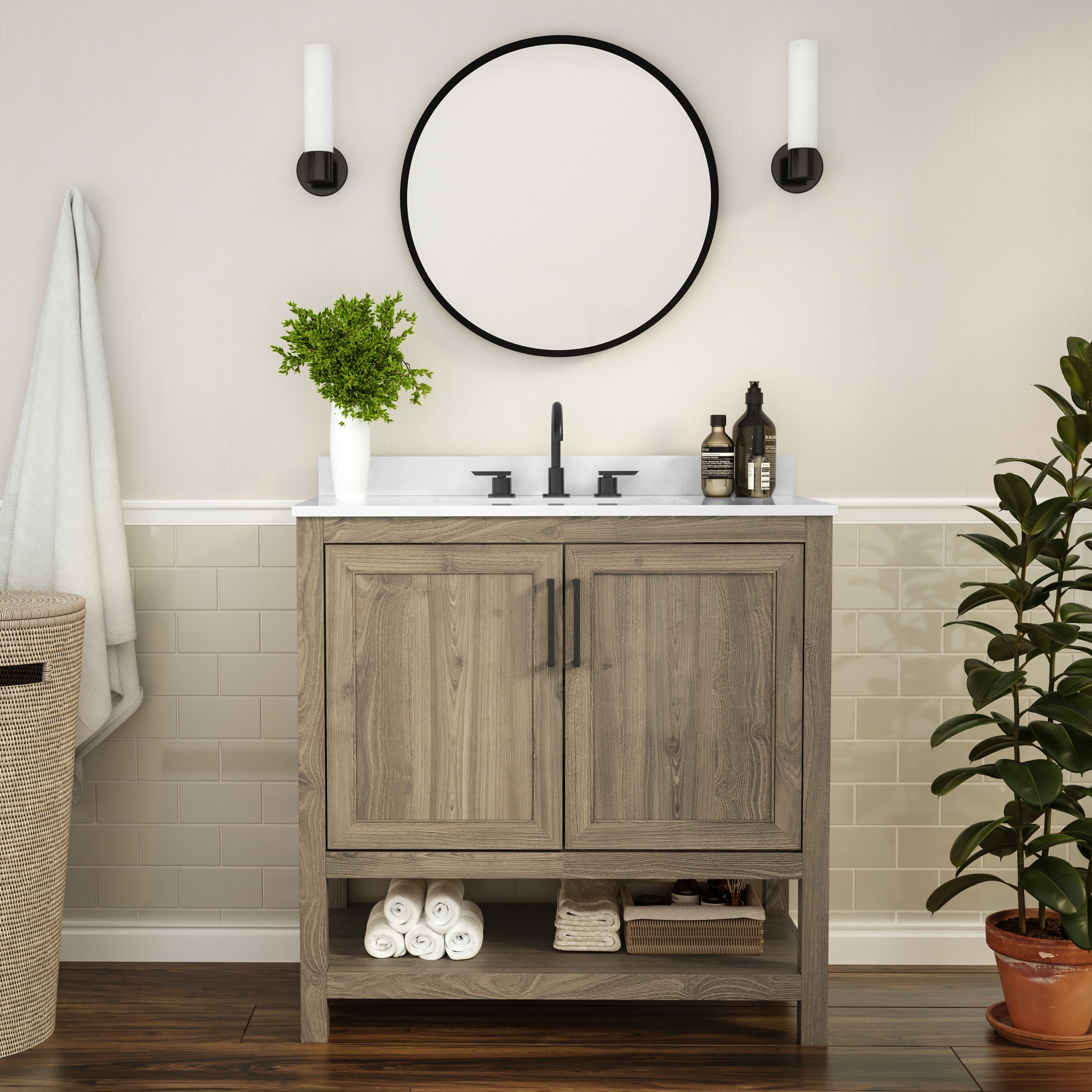 Vega 36 Inch Bathroom Vanity with Sink Combo, Storage Cabinet with Soft Close Doors and Open Shelf, Carrara Marble Finish Countertop, Brown/White