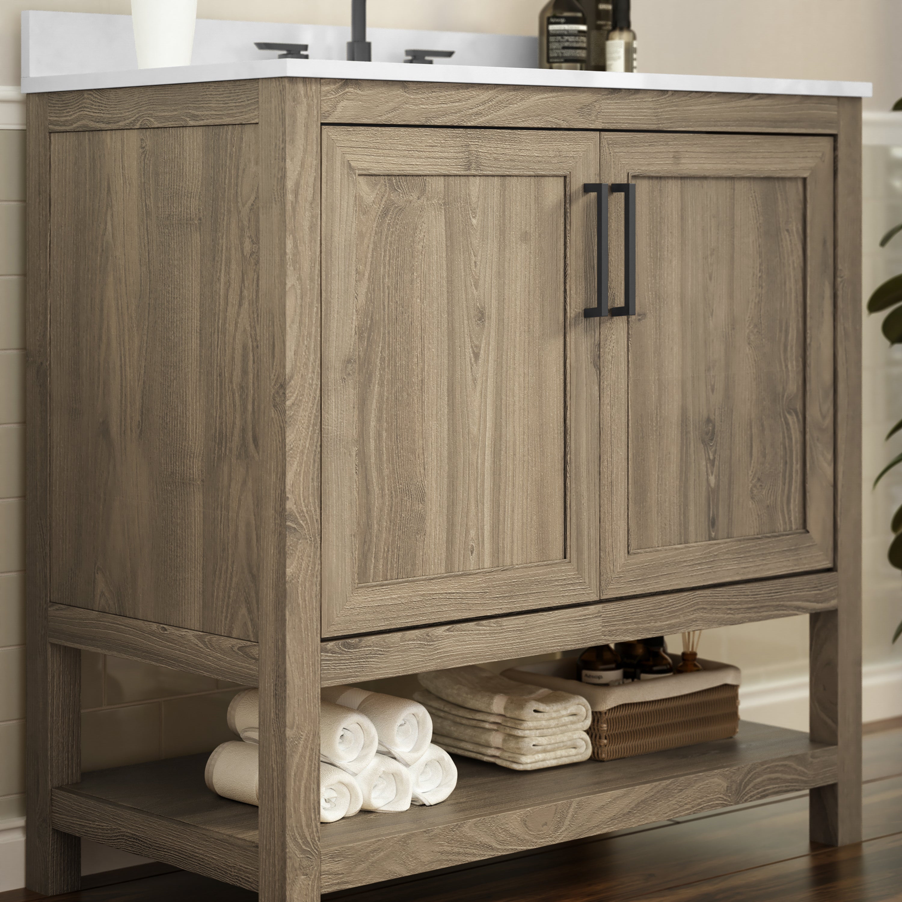Vega 36 Inch Bathroom Vanity with Sink Combo, Storage Cabinet with Soft Close Doors and Open Shelf, Carrara Marble Finish Countertop, Brown/White