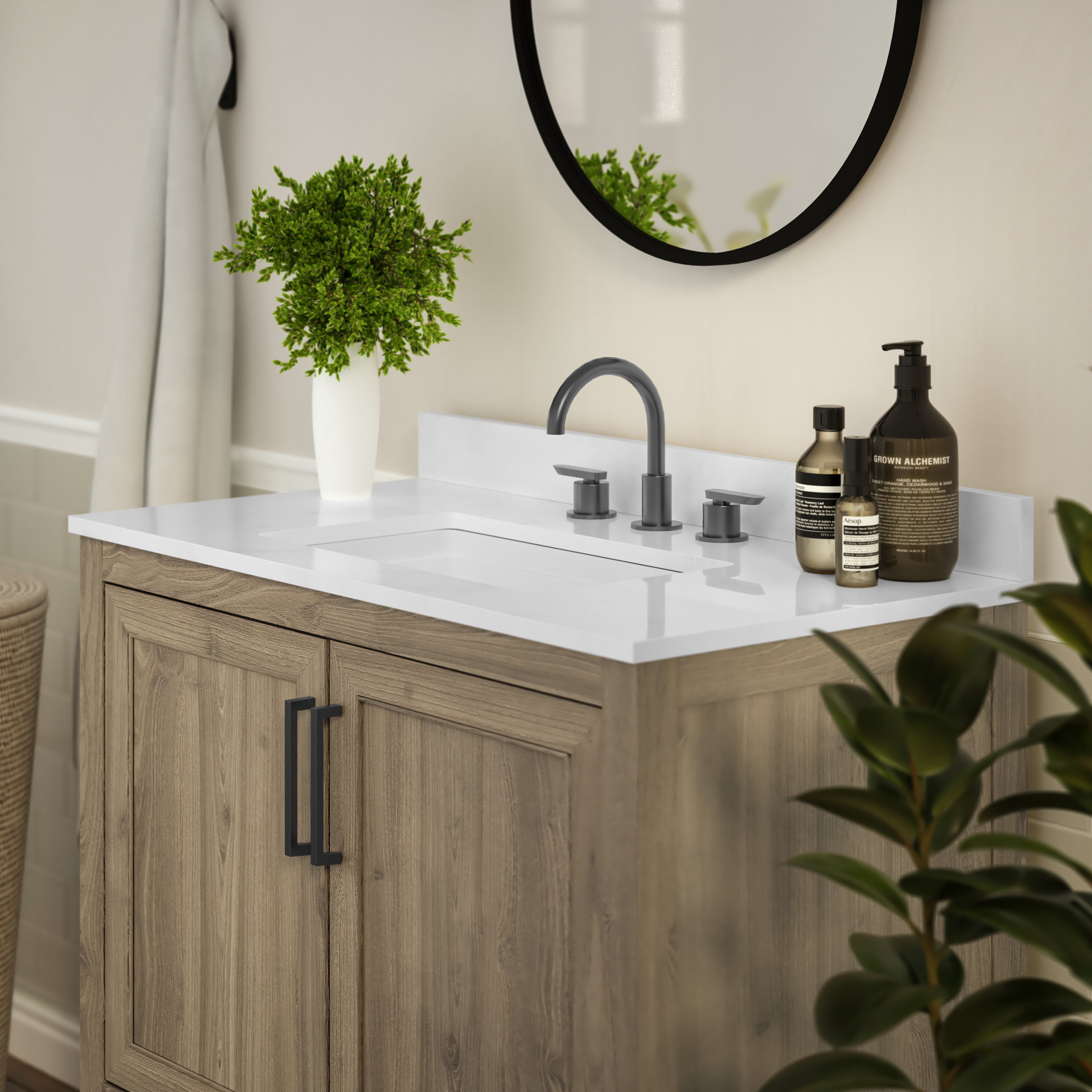 Vega 36 Inch Bathroom Vanity with Sink Combo, Storage Cabinet with Soft Close Doors and Open Shelf, Carrara Marble Finish Countertop, Brown/White