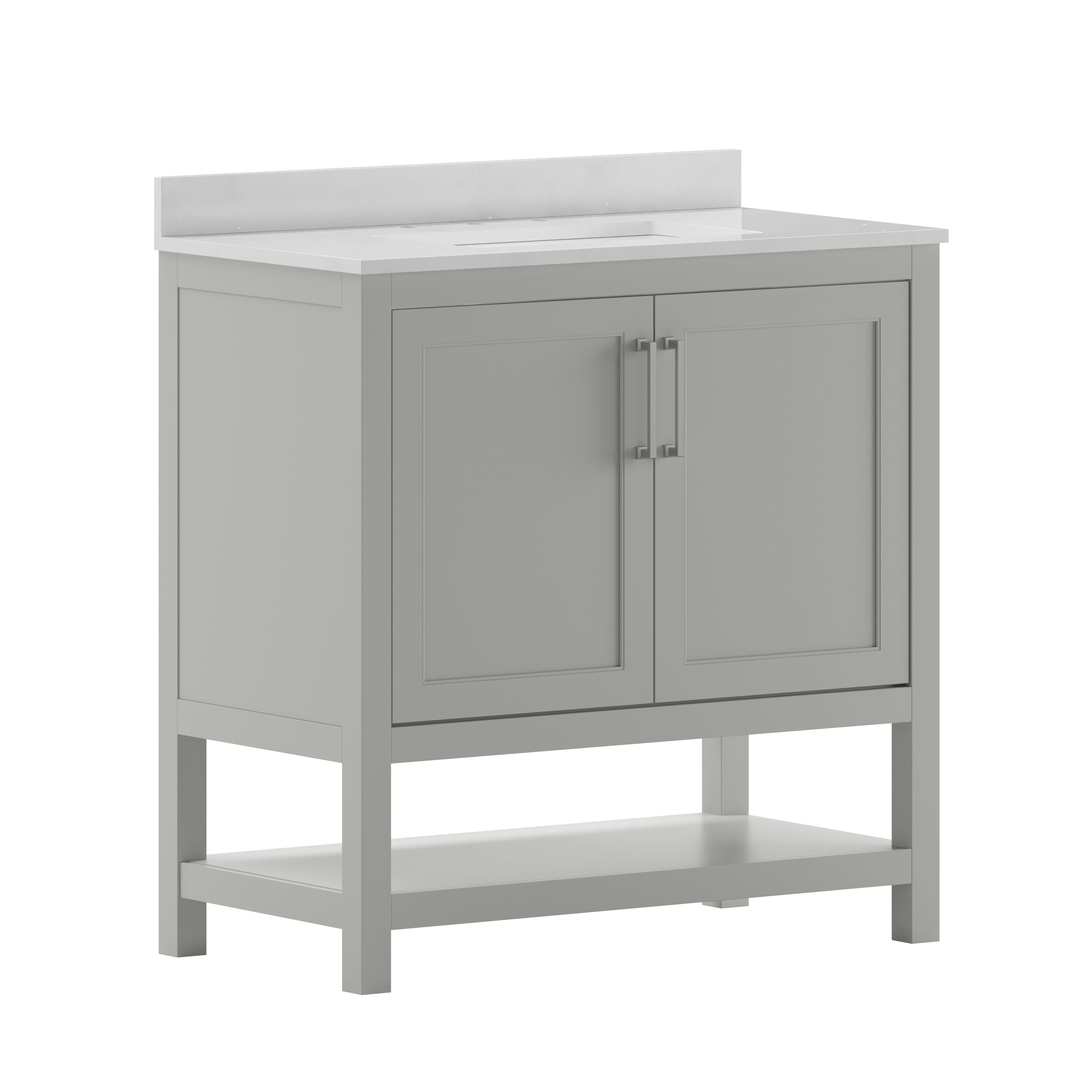 Vega 36 Inch Bathroom Vanity with Sink Combo, Storage Cabinet with Soft Close Doors and Open Shelf, Carrara Marble Finish Countertop, Gray/White