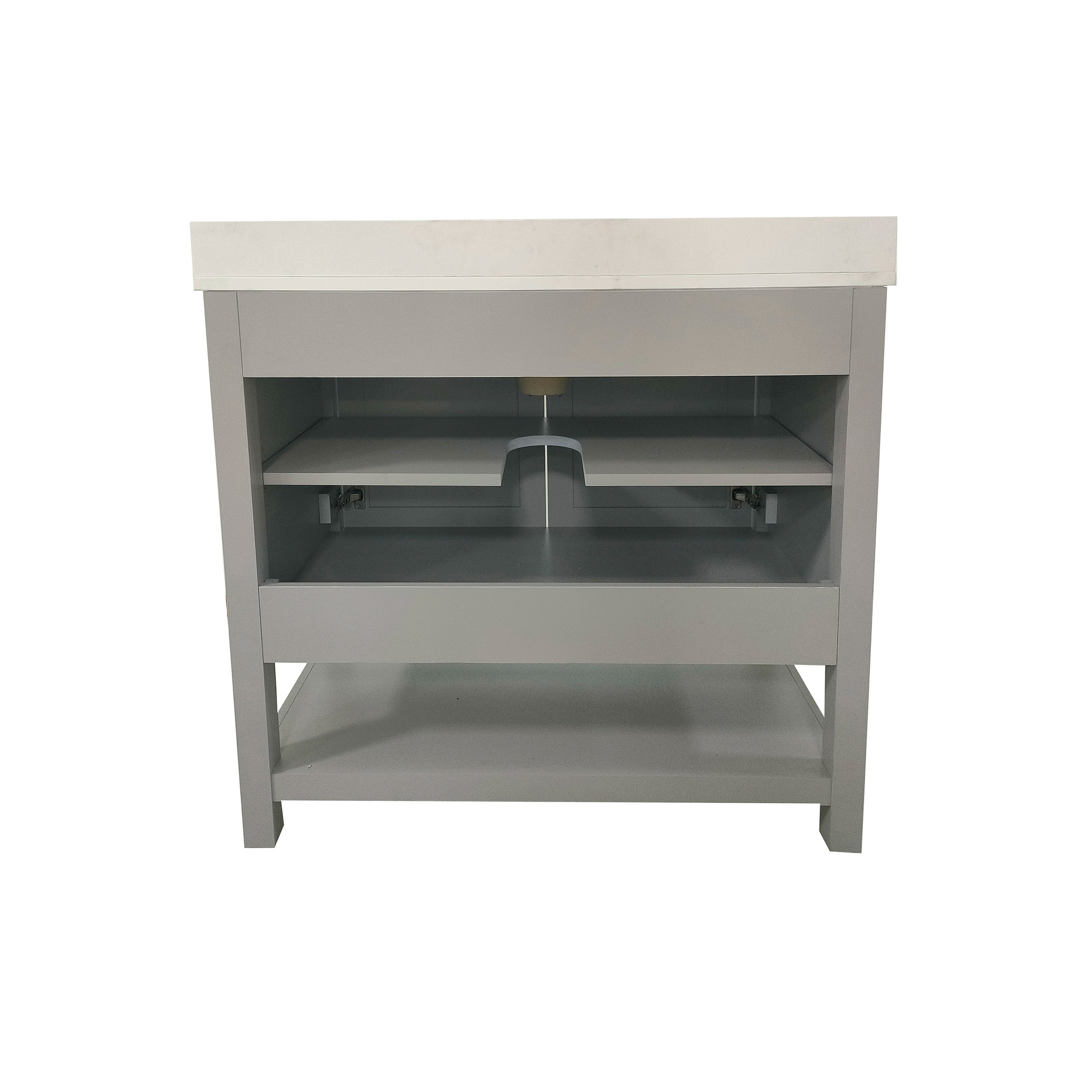 Vega 36 Inch Bathroom Vanity with Sink Combo, Storage Cabinet with Soft Close Doors and Open Shelf, Carrara Marble Finish Countertop, Gray/White