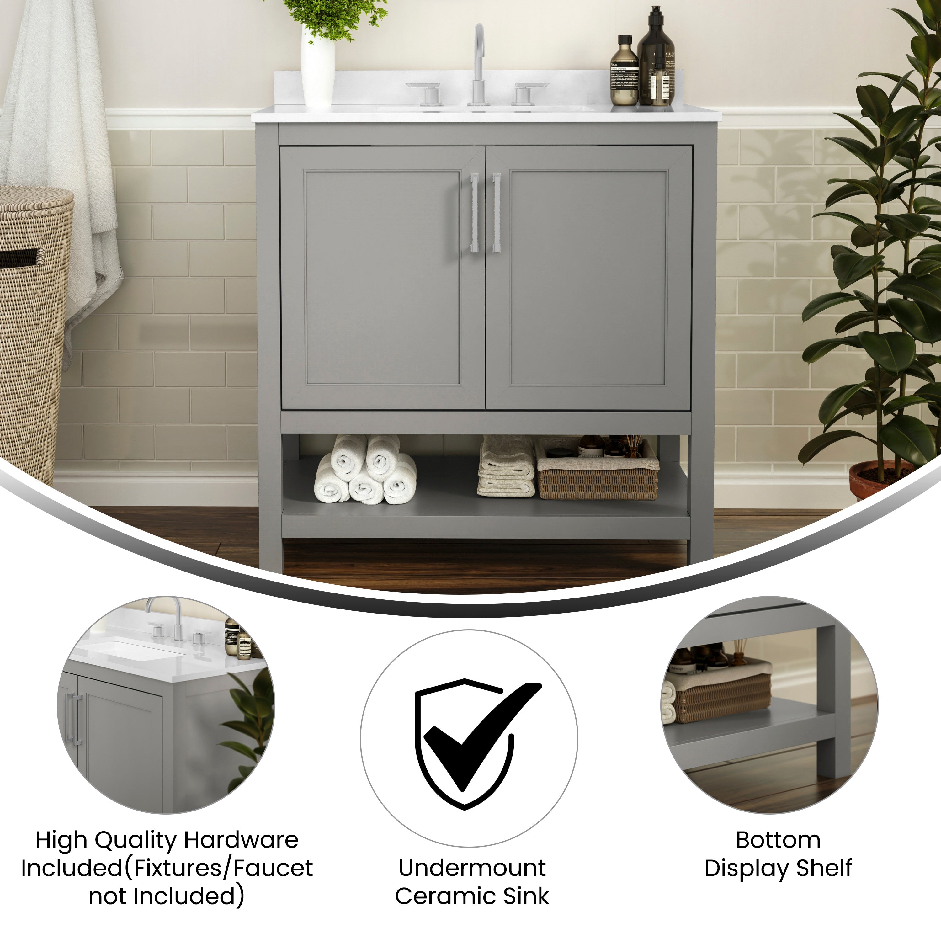 Vega 36 Inch Bathroom Vanity with Sink Combo, Storage Cabinet with Soft Close Doors and Open Shelf, Carrara Marble Finish Countertop, Gray/White