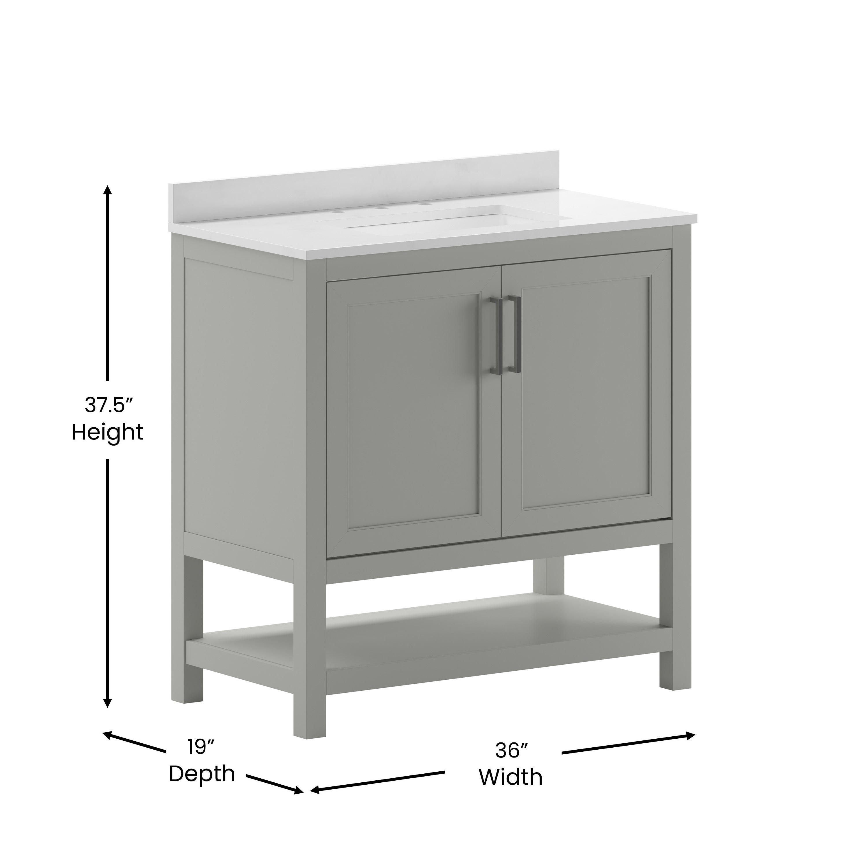 Vega 36 Inch Bathroom Vanity with Sink Combo, Storage Cabinet with Soft Close Doors and Open Shelf, Carrara Marble Finish Countertop, Gray/White