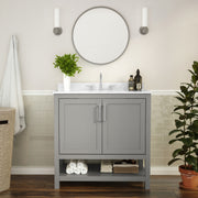 Vega 36 Inch Bathroom Vanity with Sink Combo, Storage Cabinet with Soft Close Doors and Open Shelf, Carrara Marble Finish Countertop, Gray/White